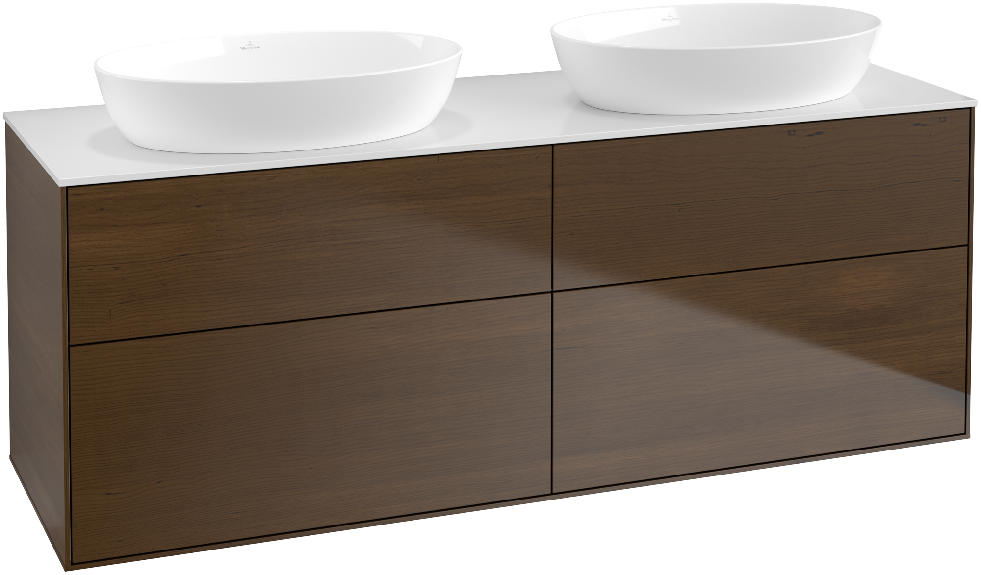 Villeroy & Boch Finion Vanity unit, 4 pull-out compartments, 1600x603x501mm, Body: Walnut Veneer, Front: Walnut Veneer, Cover plate: Glass White Matt