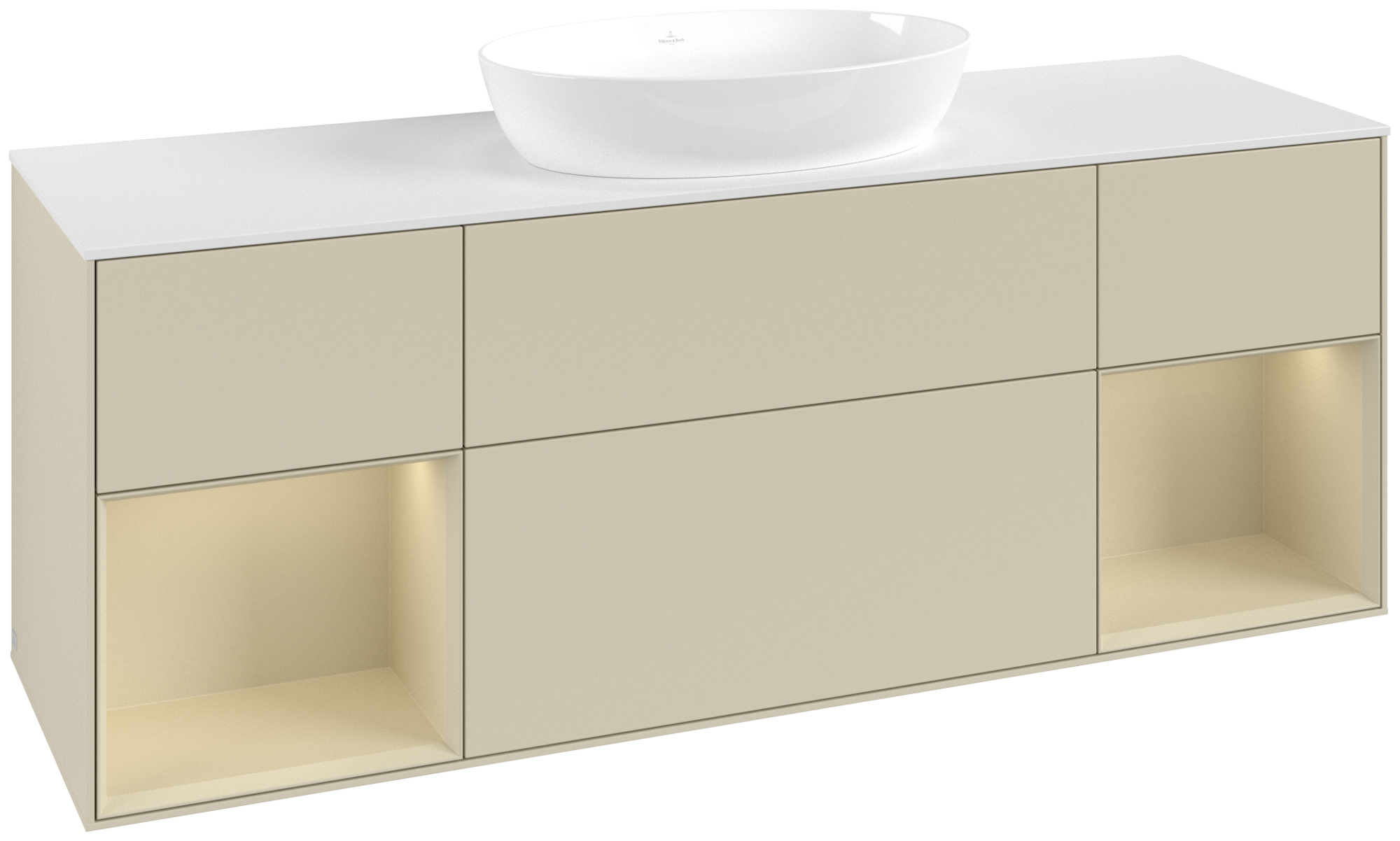 Villeroy & Boch Finion Waschbeckenunterschrank, mit Beleuchtung, 4 Auszüge, 1600x603x501mm, Korpus: Silk Grey Matt Lacquer, Front: Silk Grey Matt Lacquer, Regalelement: Silk Grey Matt Lacquer, Abdeckplatte: Glass White Matt