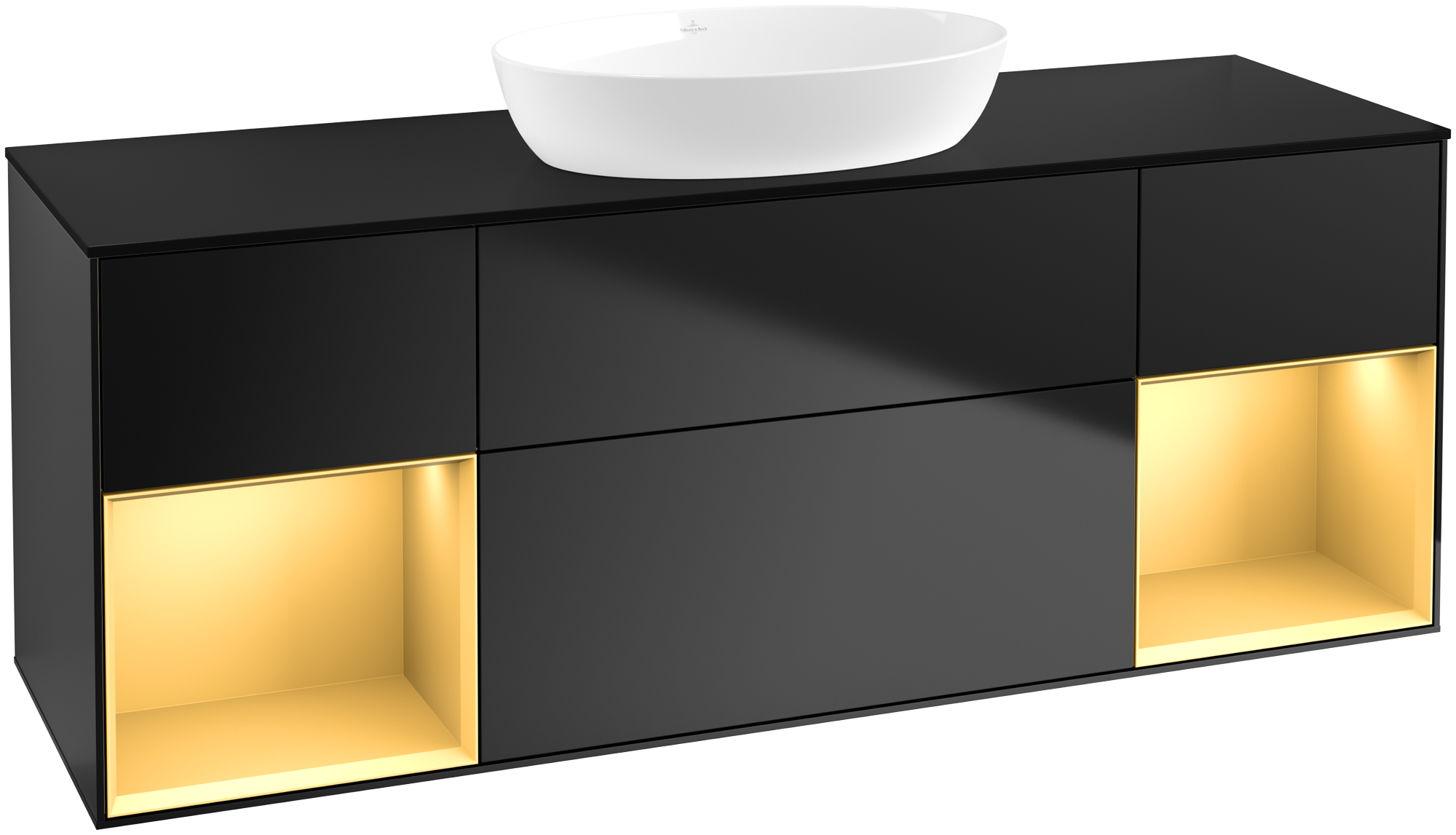 Villeroy & Boch Finion Waschbeckenunterschrank, mit Beleuchtung, 4 Auszüge, 1600x603x501mm, Korpus: Black Matt Lacquer, Front: Black Matt Lacquer, Regalelement: Gold Matt Lacquer, Abdeckplatte: Glass Black Matt
