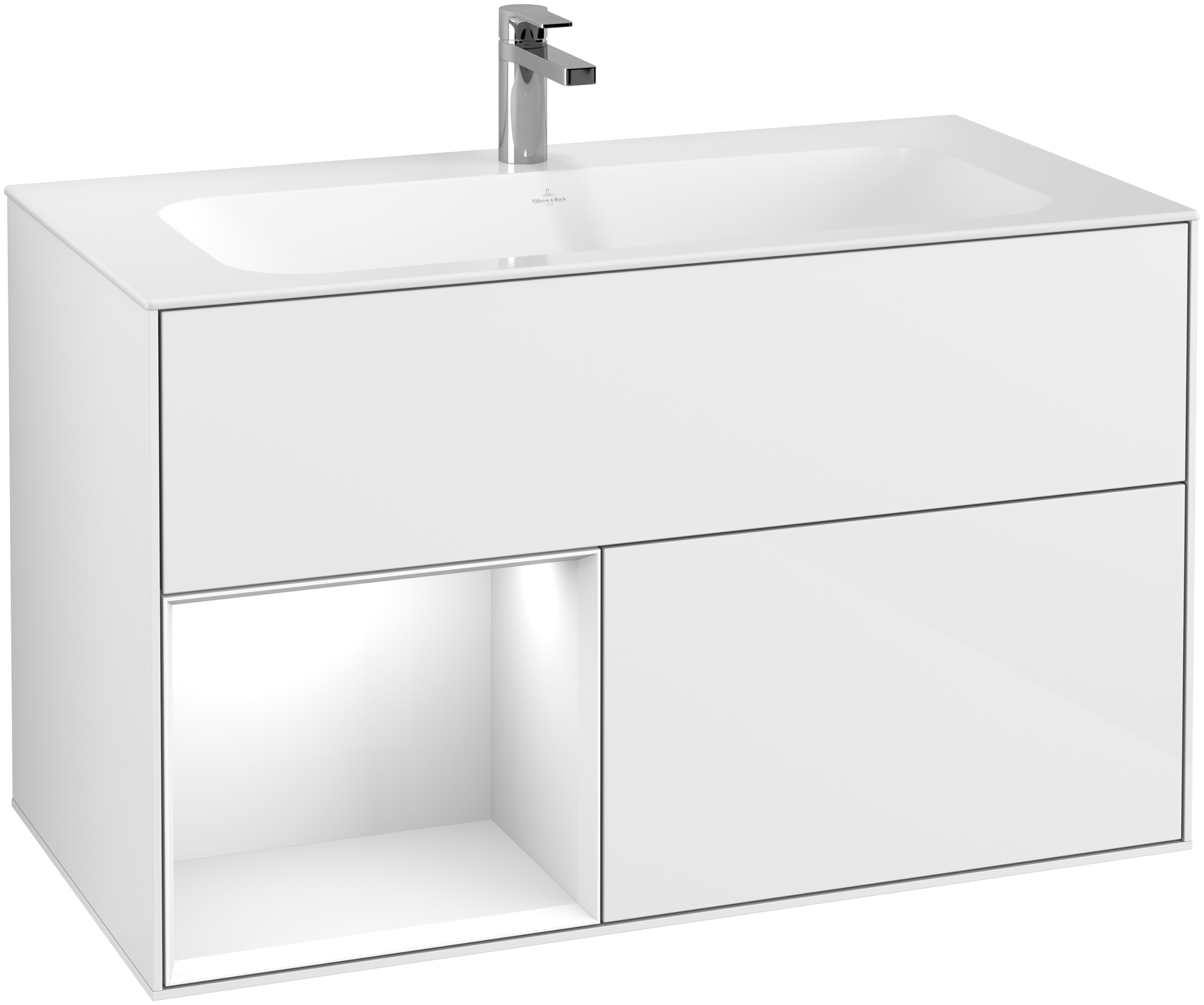 Villeroy & Boch Finion Vanity unit, with lighting, 2 pull-out compartments, 996x591x498mm, Body: Glossy White Lacquer, Front: Glossy White Lacquer, Shelf: Glossy White Lacquer