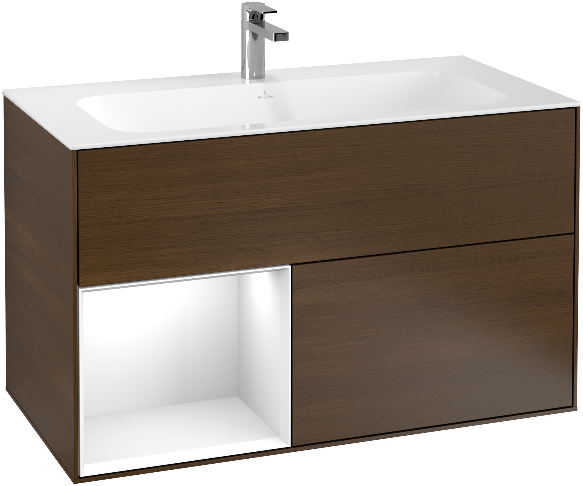 Villeroy & Boch Finion Waschbeckenunterschrank, mit Beleuchtung, 2 Auszüge, 996x591x498mm, Korpus: Walnut Veneer, Front: Walnut Veneer, Regalelement: Glossy White Lacquer
