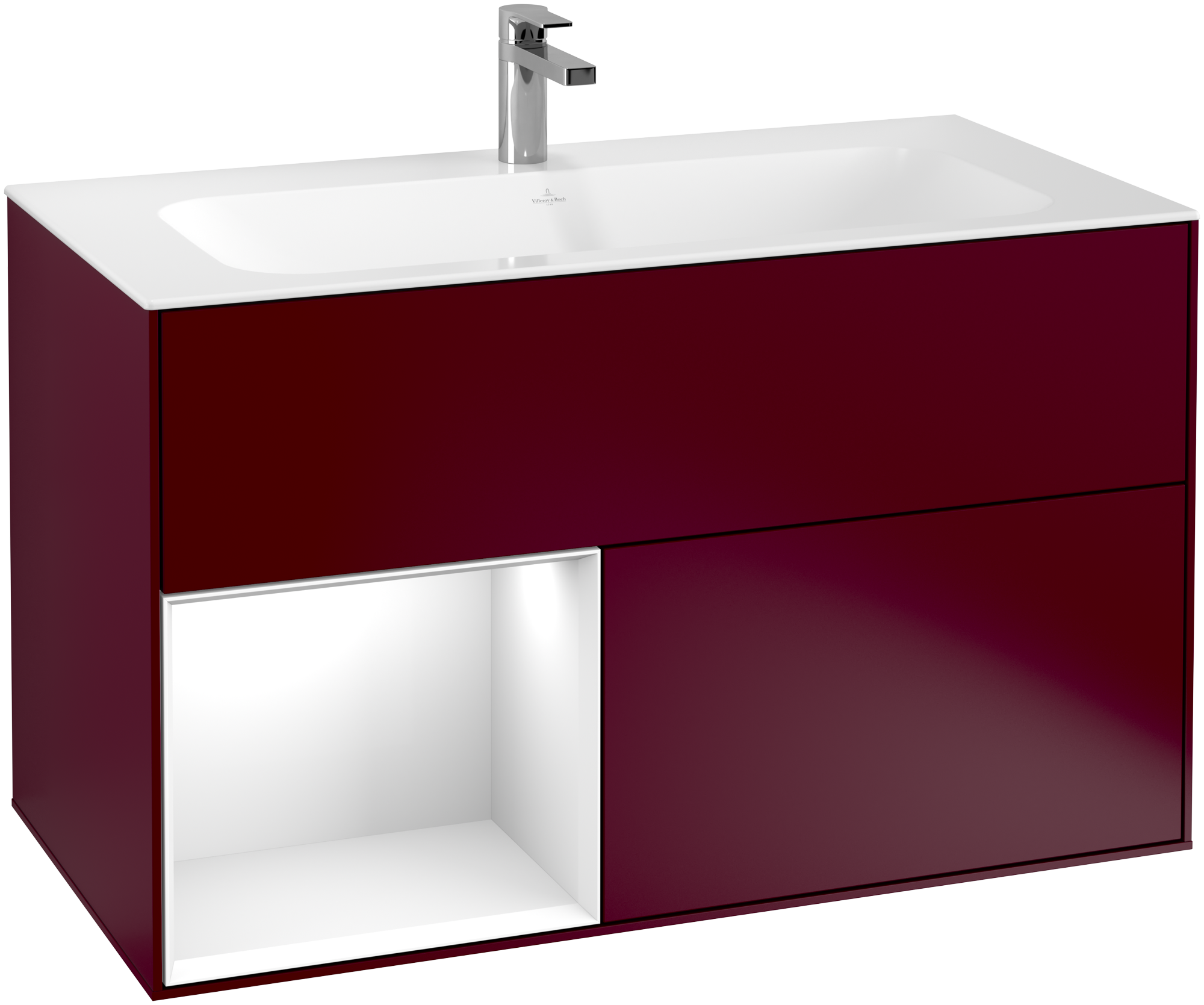Villeroy & Boch Finion Vanity unit, with lighting, 2 pull-out compartments, 996x591x498mm, Body: Peony Matt Lacquer, Front: Peony Matt Lacquer, Shelf: Glossy White Lacquer