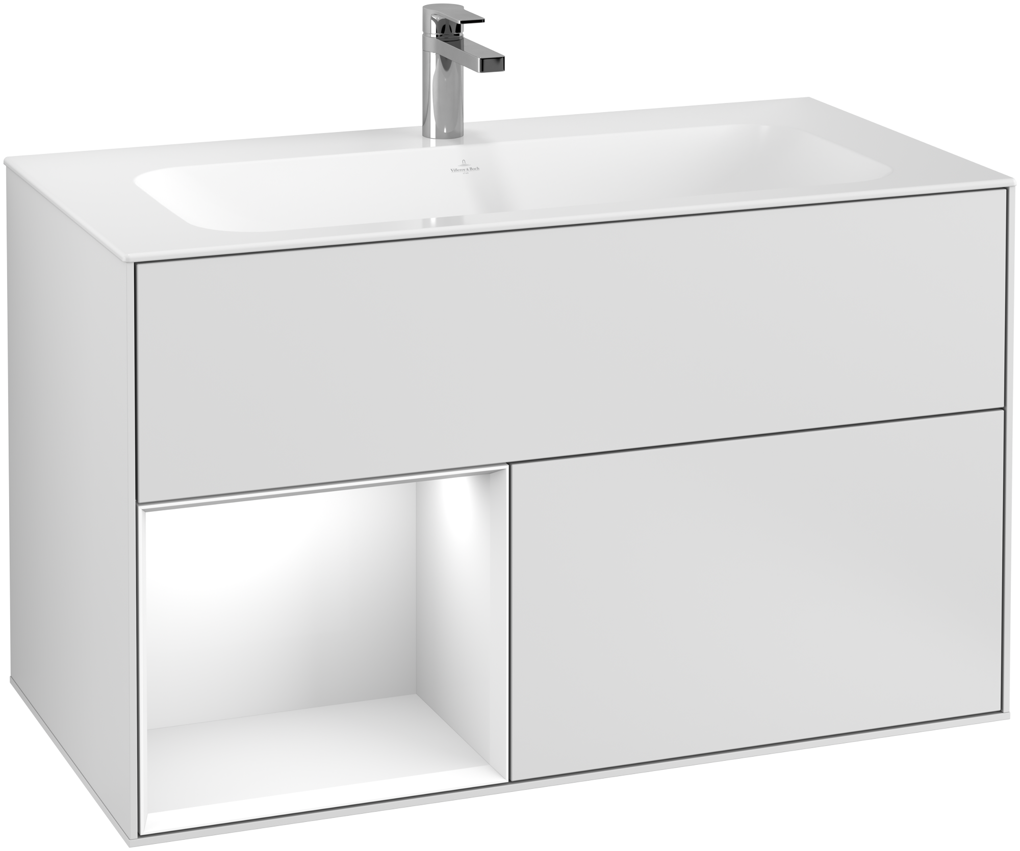 Villeroy & Boch Finion Vanity unit, with lighting, 2 pull-out compartments, 996x591x498mm, Body: White Matt Lacquer, Front: White Matt Lacquer, Shelf: Glossy White Lacquer