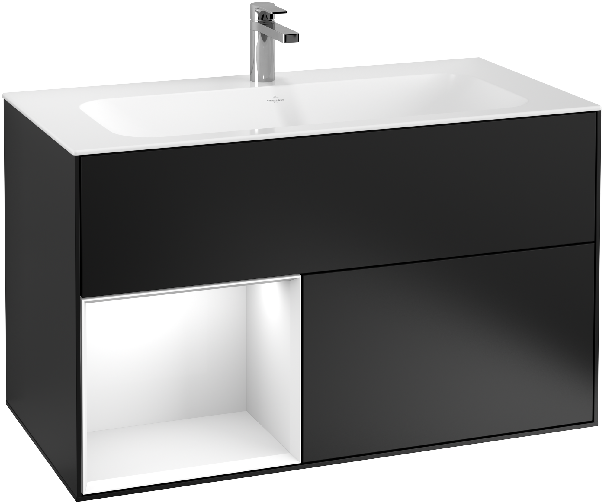 Villeroy & Boch Finion Vanity unit, with lighting, 2 pull-out compartments, 996x591x498mm, Body: Black Matt Lacquer, Front: Black Matt Lacquer, Shelf: Glossy White Lacquer