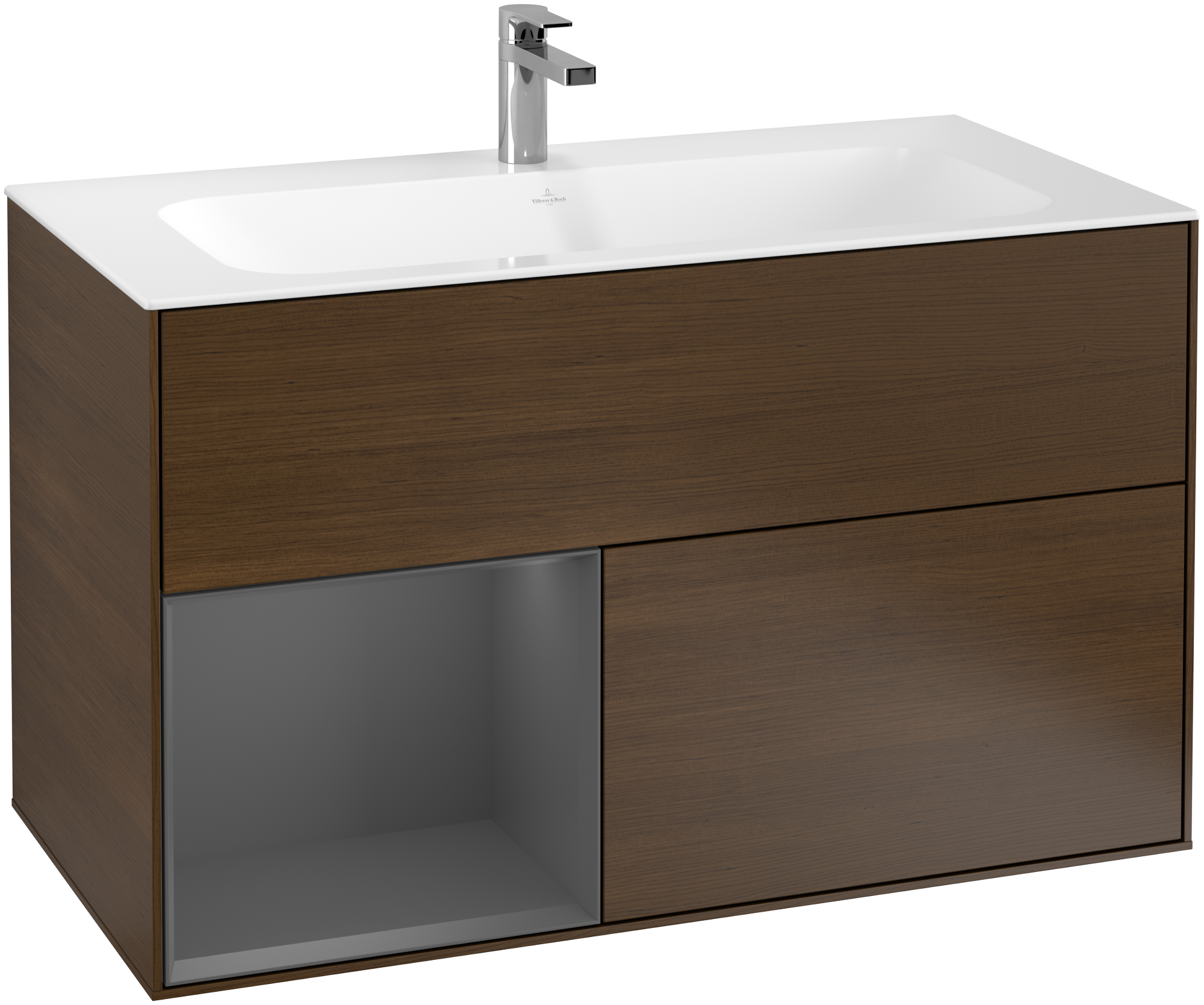 Villeroy & Boch Finion Vanity unit, with lighting, 2 pull-out compartments, 996x591x498mm, Body: Walnut Veneer, Front: Walnut Veneer, Shelf: Anthracite Matt Lacquer