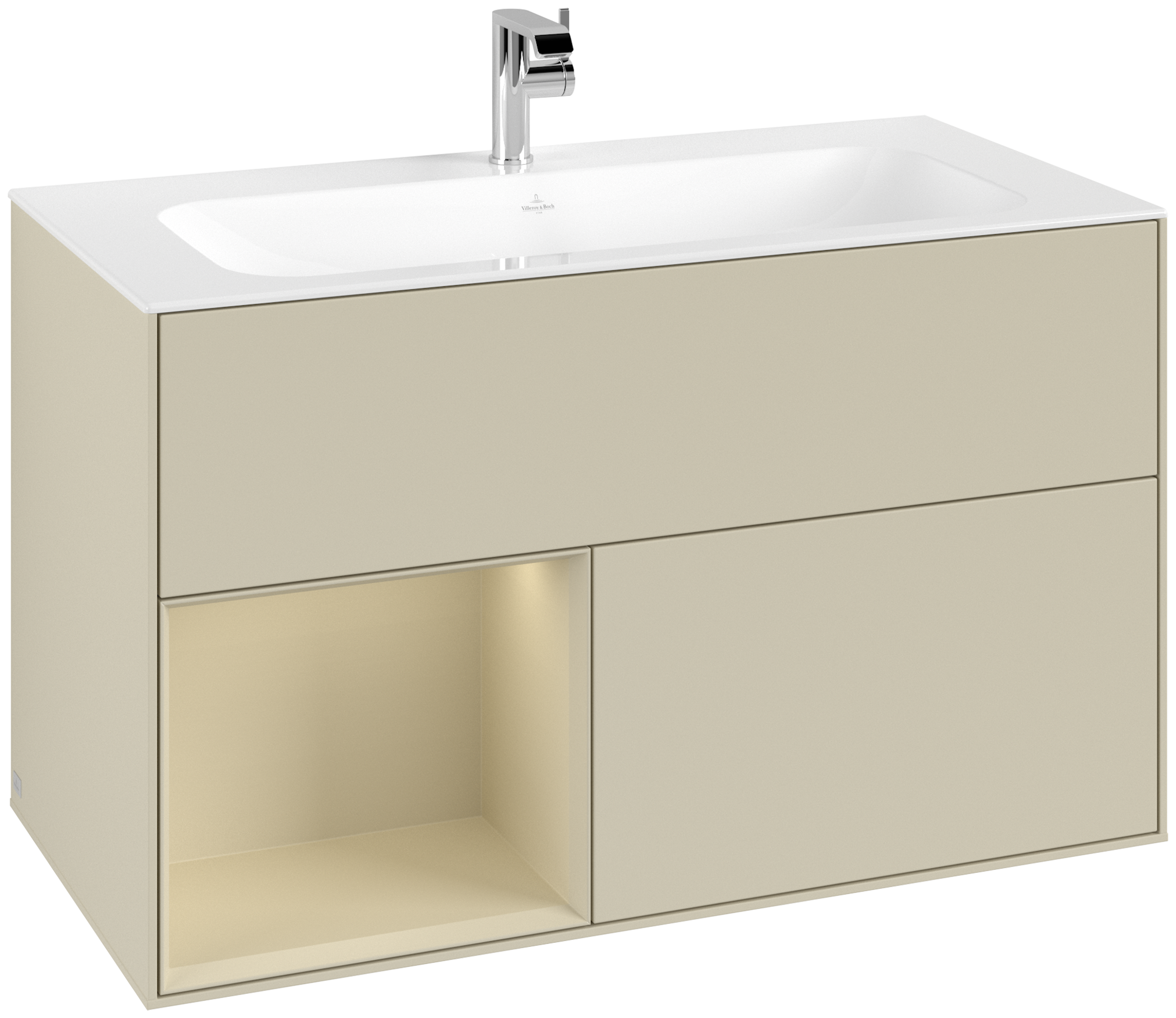 Villeroy & Boch Finion Vanity unit, with lighting, 2 pull-out compartments, 996x591x498mm, Body: Silk Grey Matt Lacquer, Front: Silk Grey Matt Lacquer, Shelf: Silk Grey Matt Lacquer