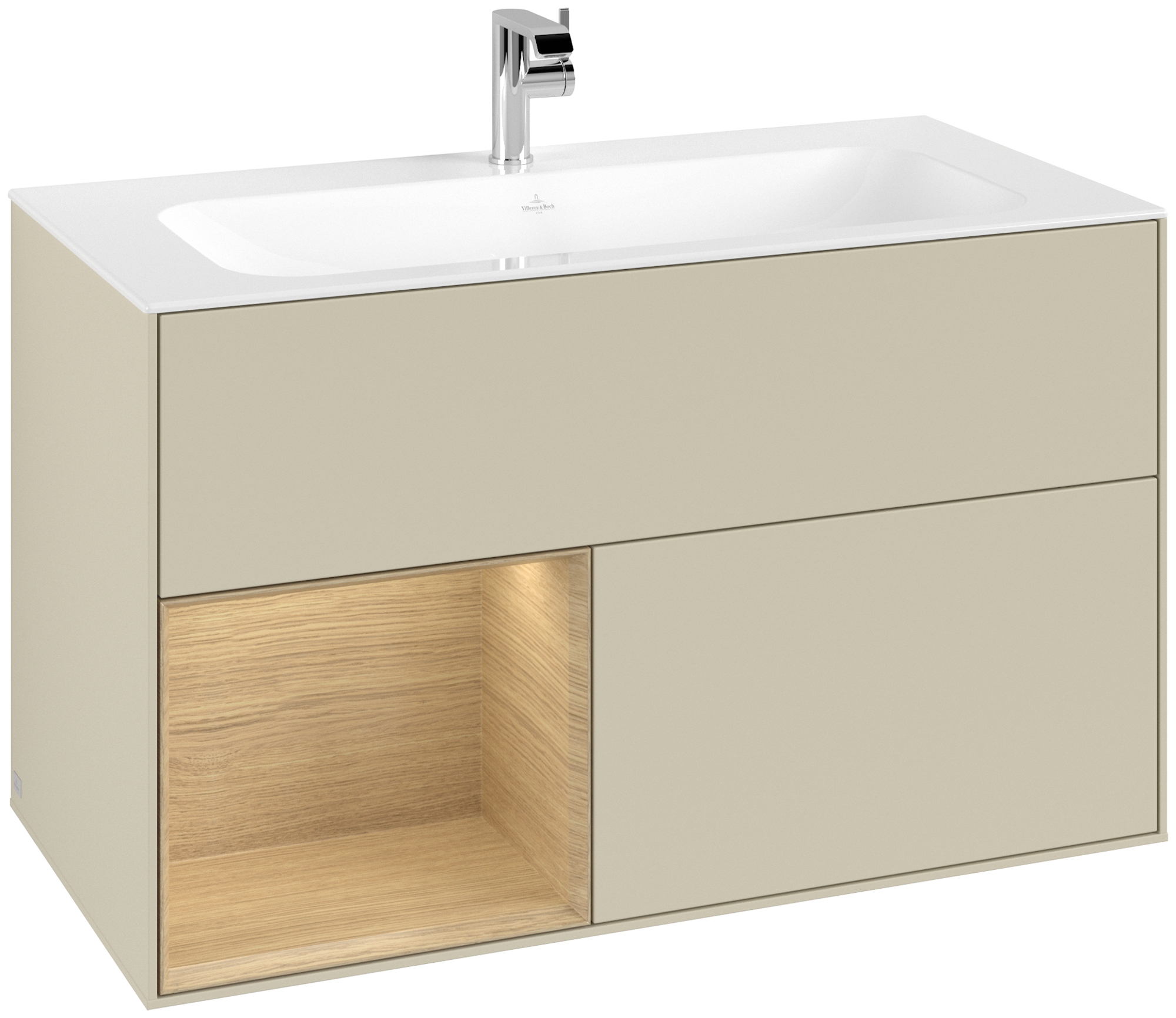 Villeroy & Boch Finion Waschbeckenunterschrank, mit Beleuchtung, 2 Auszüge, 996x591x498mm, Korpus: Silk Grey Matt Lacquer, Front: Silk Grey Matt Lacquer, Regalelement: Oak Veneer