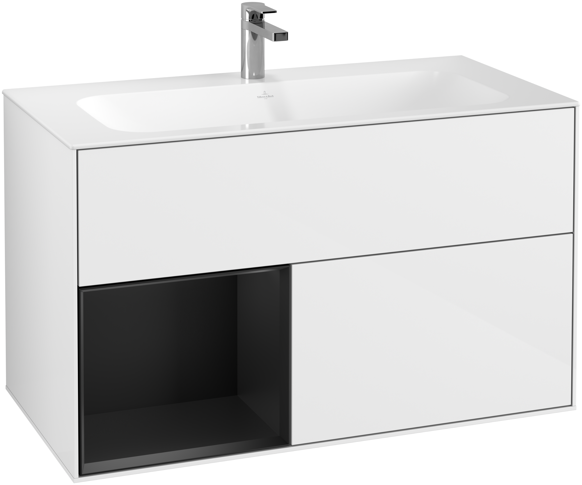 Villeroy & Boch Finion Meuble sous plan, avec éclairage, 2 tiroirs sur rails, 996x591x498mm, Caisson: Glossy White Lacquer, Façade: Glossy White Lacquer, Élément d’étagère: Black Matt Lacquer
