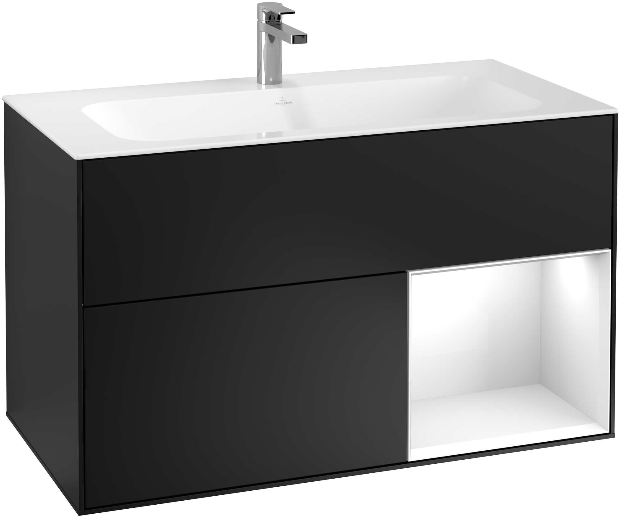 Villeroy & Boch Finion Meuble sous plan, avec éclairage, 2 tiroirs sur rails, 996x591x498mm, Caisson: Black Matt Lacquer, Façade: Black Matt Lacquer, Élément d’étagère: Glossy White Lacquer