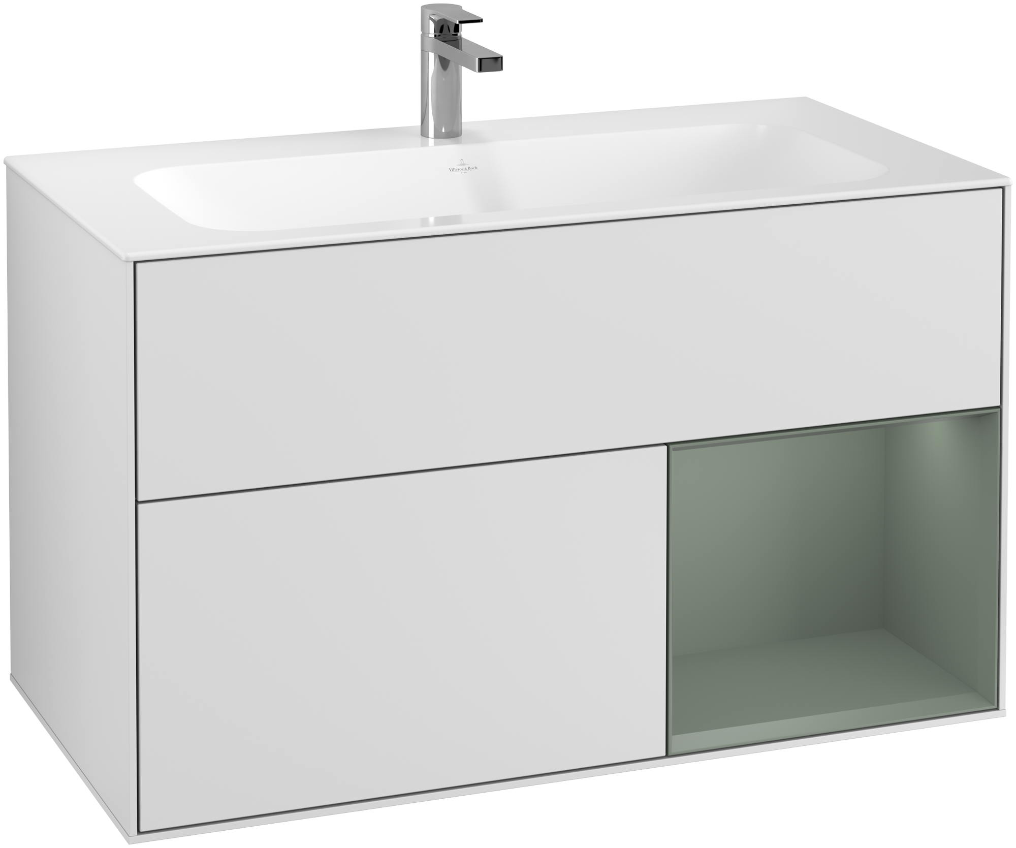 Villeroy & Boch Finion Skab, med belysning, 2 udtræk, 996x591x498mm, Korpus: White Matt Lacquer, Front: White Matt Lacquer, Reolelement: Olive Matt Lacquer
