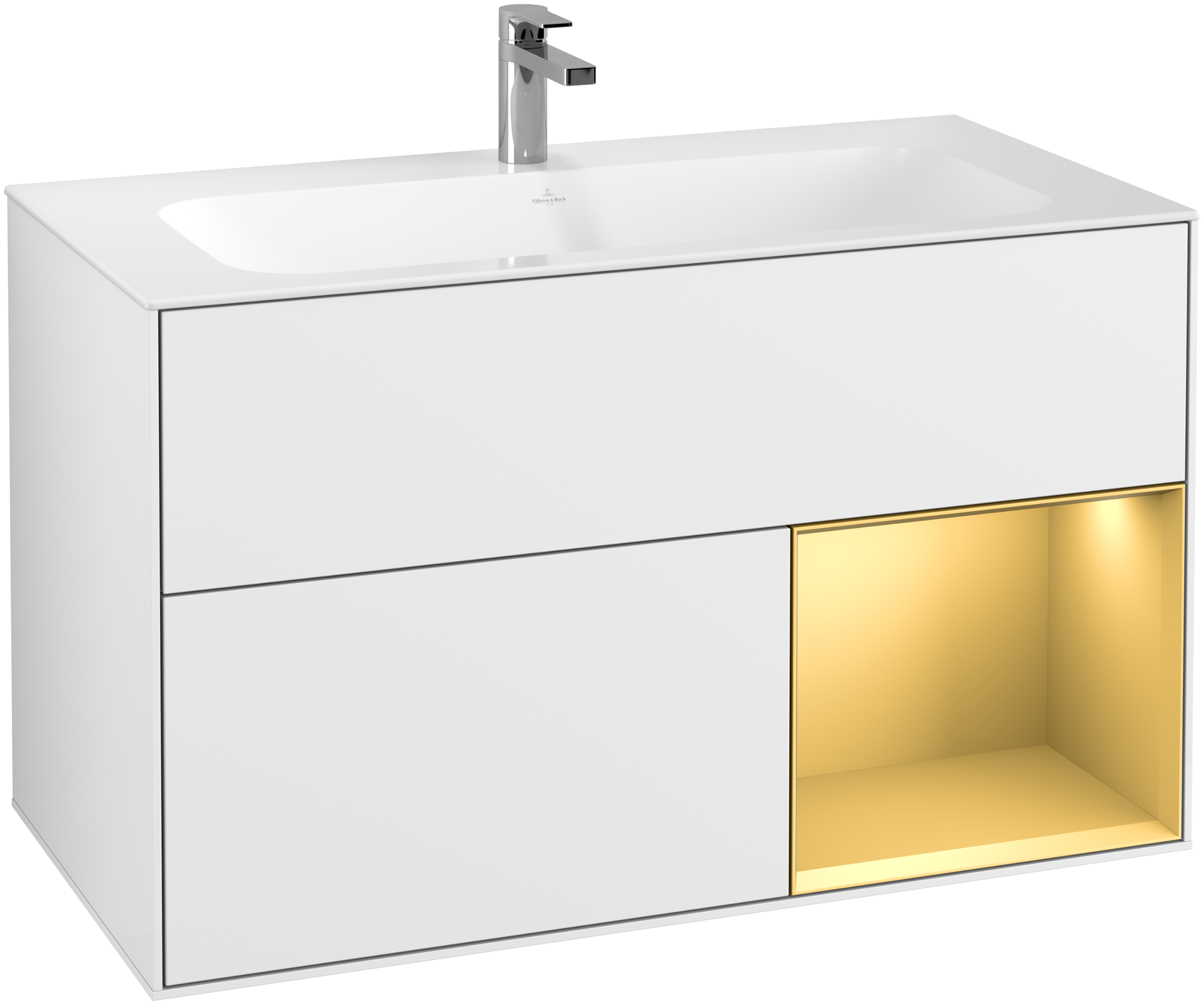 Villeroy & Boch Finion Waschbeckenunterschrank, mit Beleuchtung, 2 Auszüge, 996x591x498mm, Korpus: Glossy White Lacquer, Front: Glossy White Lacquer, Regalelement: Gold Matt Lacquer