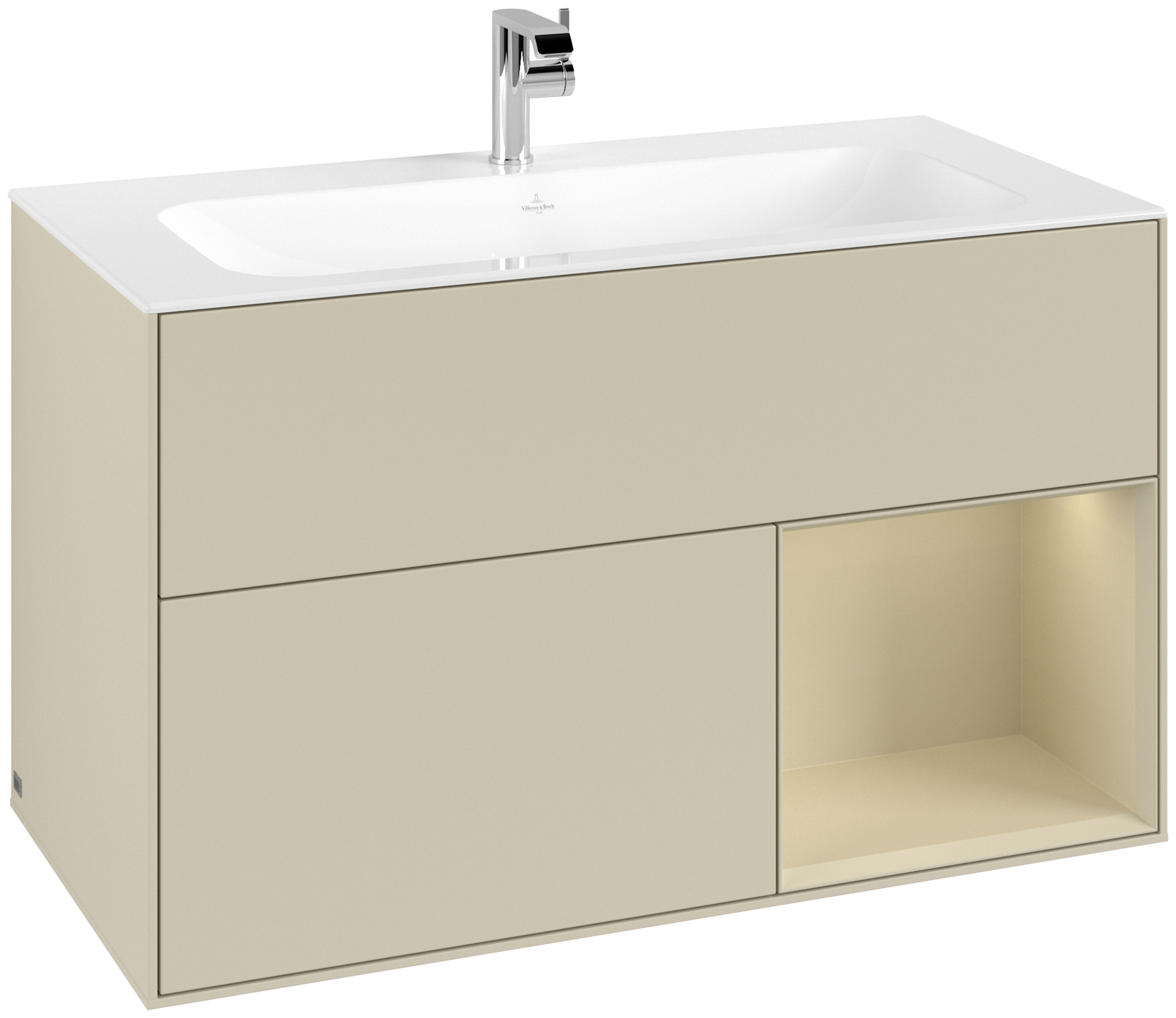 Villeroy & Boch Finion Szafka podumywalkowa, z oświetleniem, 2 elementy wysuwane, 996x591x498mm, Korpus: Silk Grey Matt Lacquer, Front: Silk Grey Matt Lacquer, Element regałowy: Silk Grey Matt Lacquer