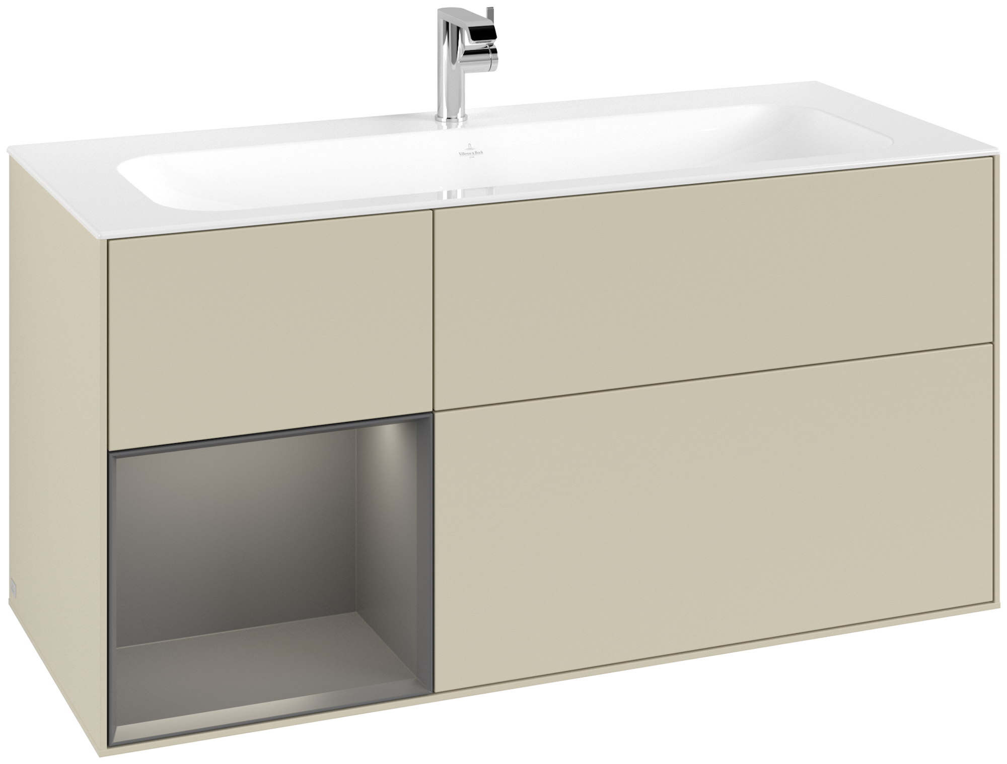 Villeroy & Boch Finion Meuble sous plan, avec éclairage, 3 tiroirs sur rails, 1196x591x498mm, Caisson: Silk Grey Matt Lacquer, Façade: Silk Grey Matt Lacquer, Élément d’étagère: Anthracite Matt Lacquer