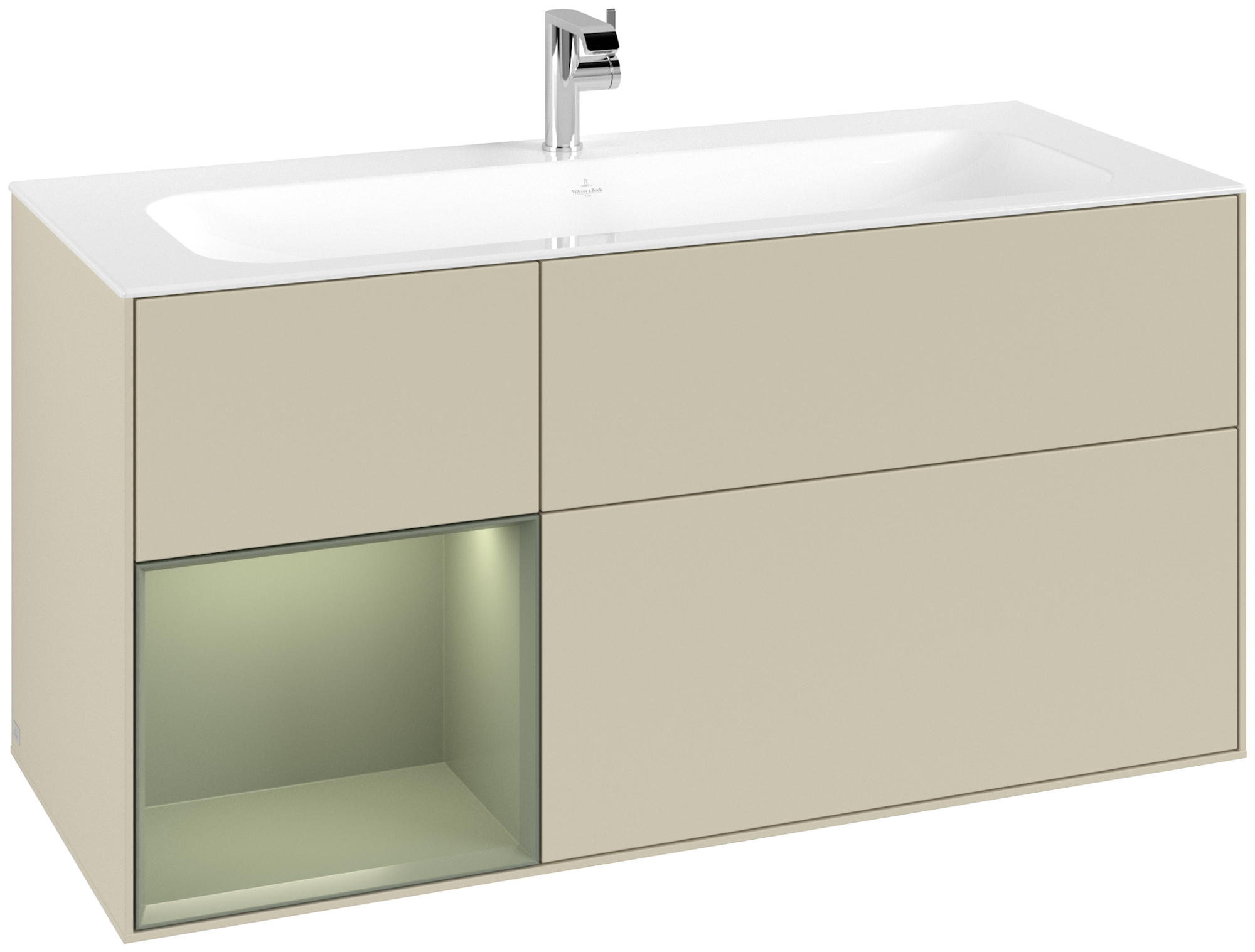 Villeroy & Boch Finion Meuble sous plan, avec éclairage, 3 tiroirs sur rails, 1196x591x498mm, Caisson: Silk Grey Matt Lacquer, Façade: Silk Grey Matt Lacquer, Élément d’étagère: Olive Matt Lacquer