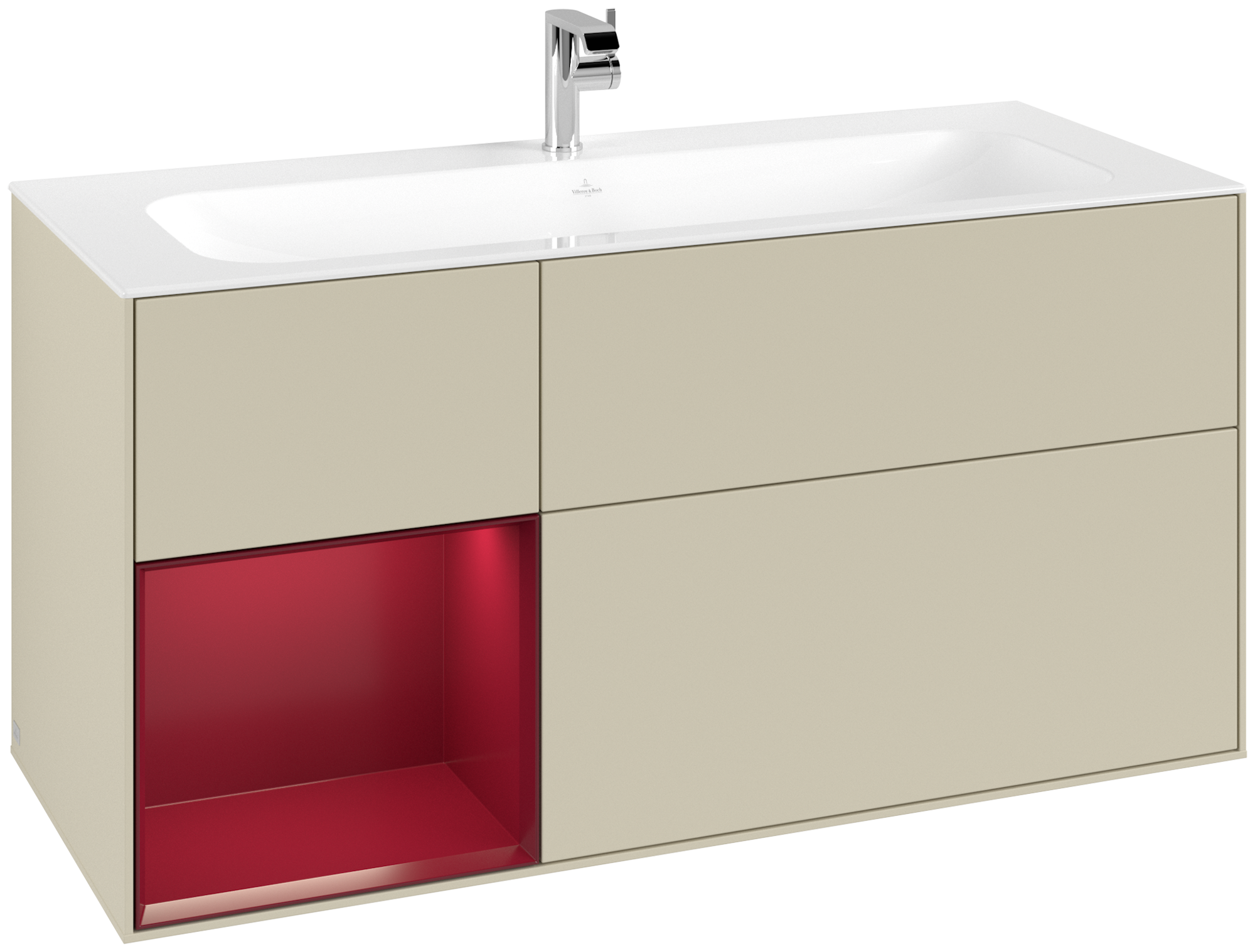 Villeroy & Boch Finion Meuble sous plan, avec éclairage, 3 tiroirs sur rails, 1196x591x498mm, Caisson: Silk Grey Matt Lacquer, Façade: Silk Grey Matt Lacquer, Élément d’étagère: Peony Matt Lacquer