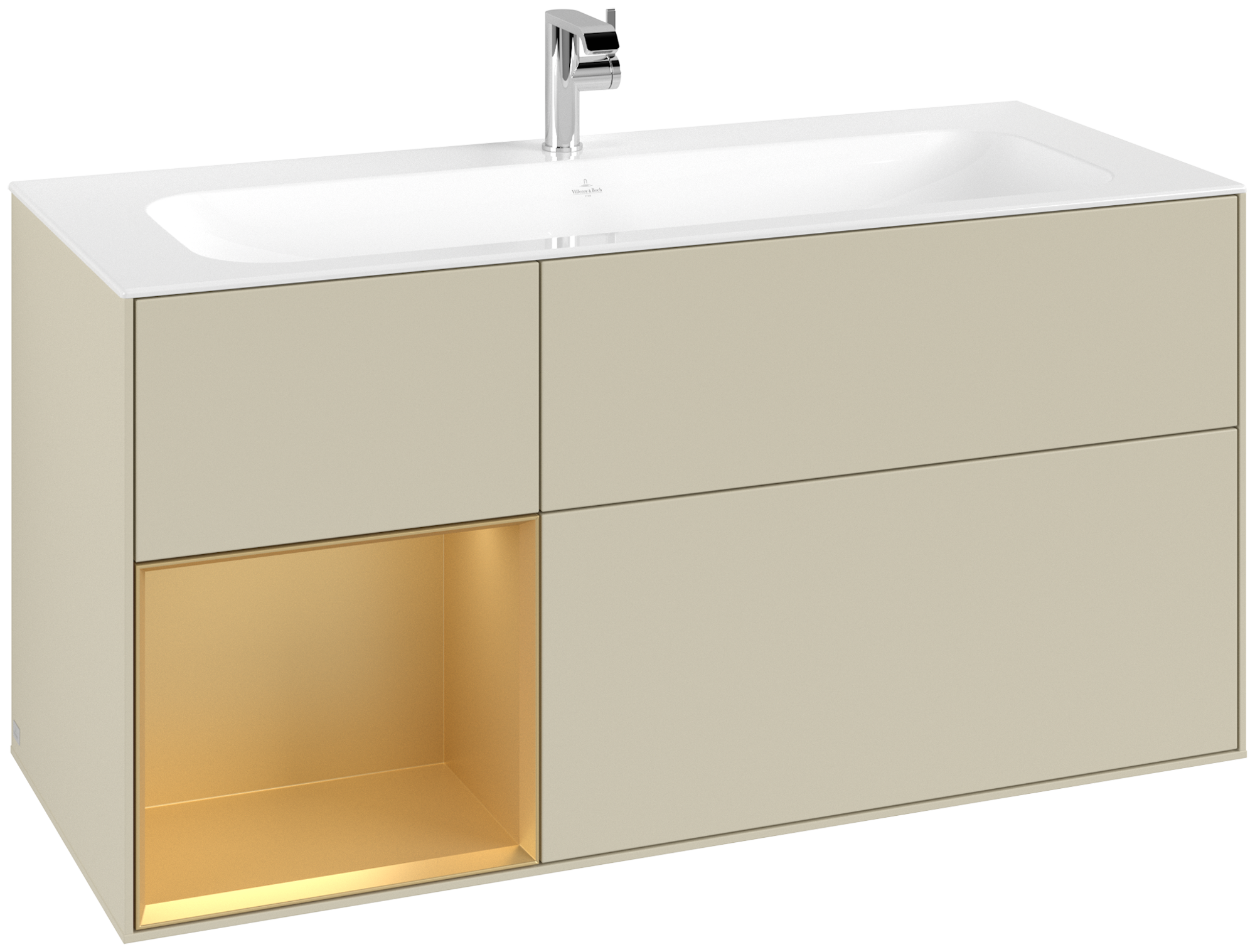 Villeroy & Boch Finion Meuble sous plan, avec éclairage, 3 tiroirs sur rails, 1196x591x498mm, Caisson: Silk Grey Matt Lacquer, Façade: Silk Grey Matt Lacquer, Élément d’étagère: Gold Matt Lacquer