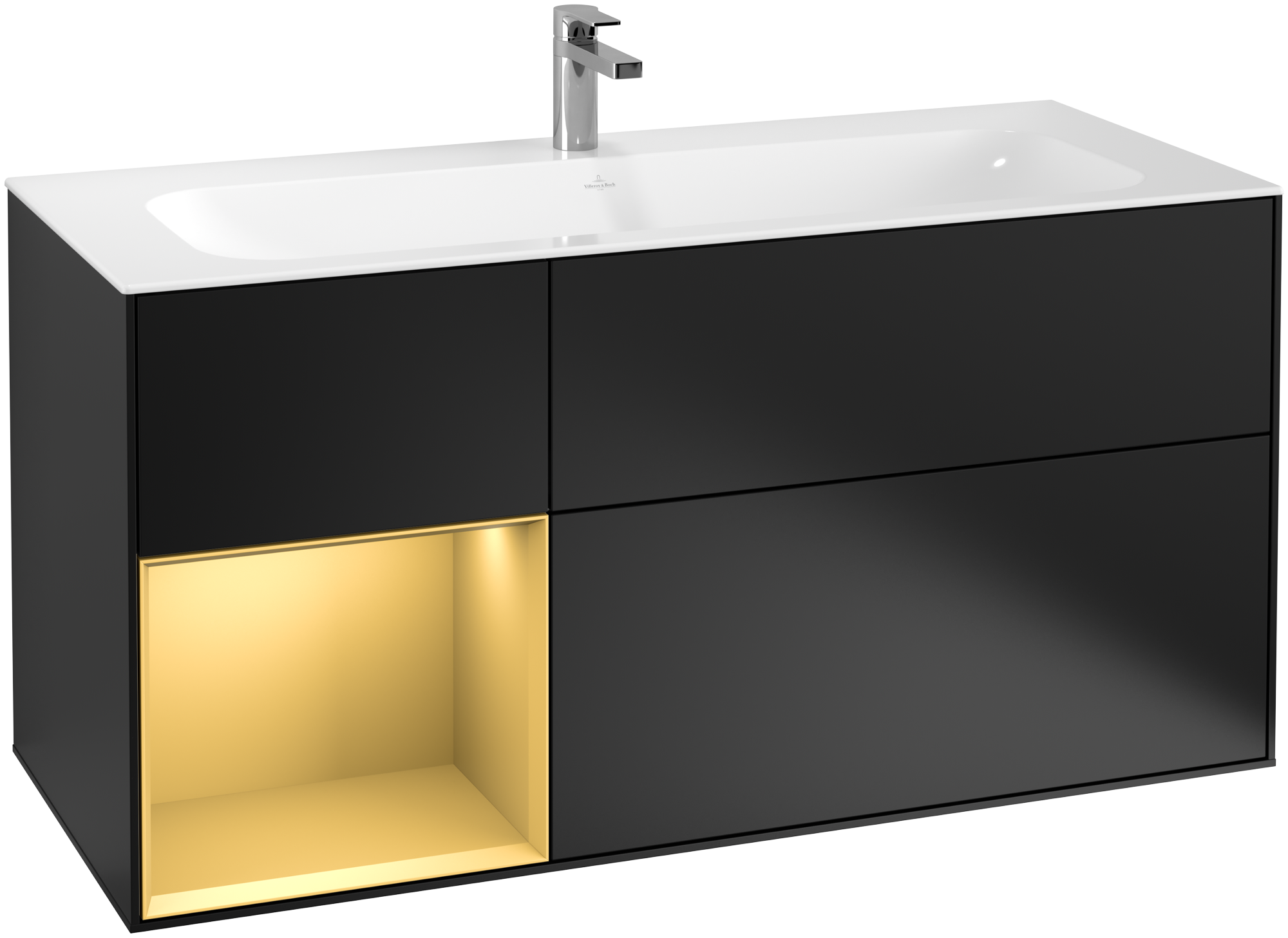 Villeroy & Boch Finion Waschbeckenunterschrank, mit Beleuchtung, 3 Auszüge, 1196x591x498mm, Korpus: Black Matt Lacquer, Front: Black Matt Lacquer, Regalelement: Gold Matt Lacquer