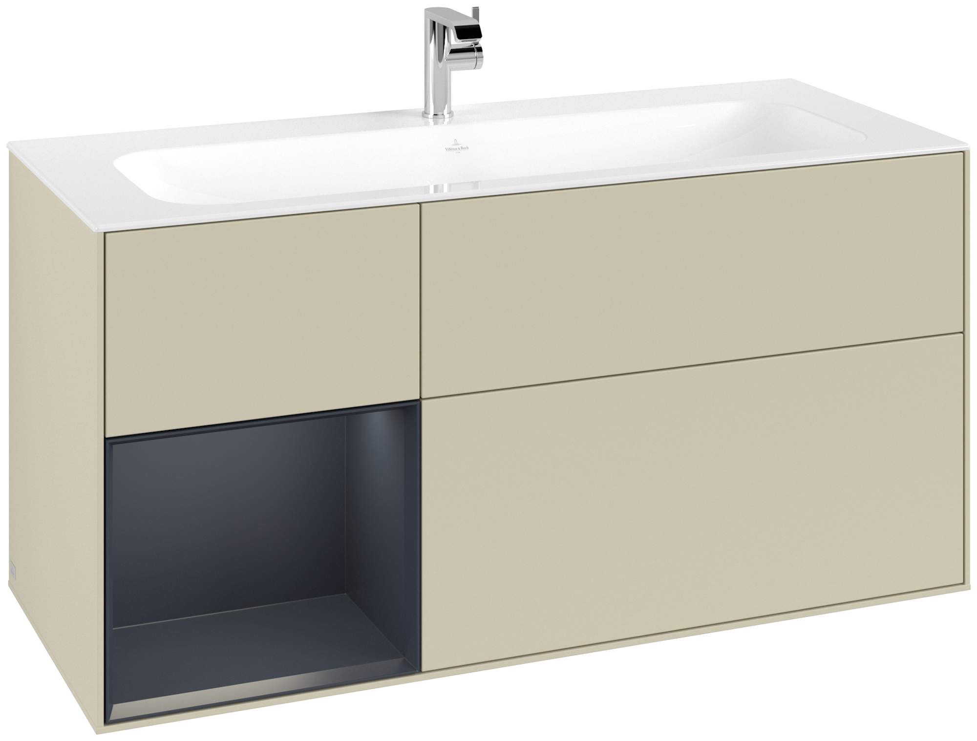 Villeroy & Boch Finion Meuble sous plan, avec éclairage, 3 tiroirs sur rails, 1196x591x498mm, Caisson: Silk Grey Matt Lacquer, Façade: Silk Grey Matt Lacquer, Élément d’étagère: Midnight Blue Matt Lacquer