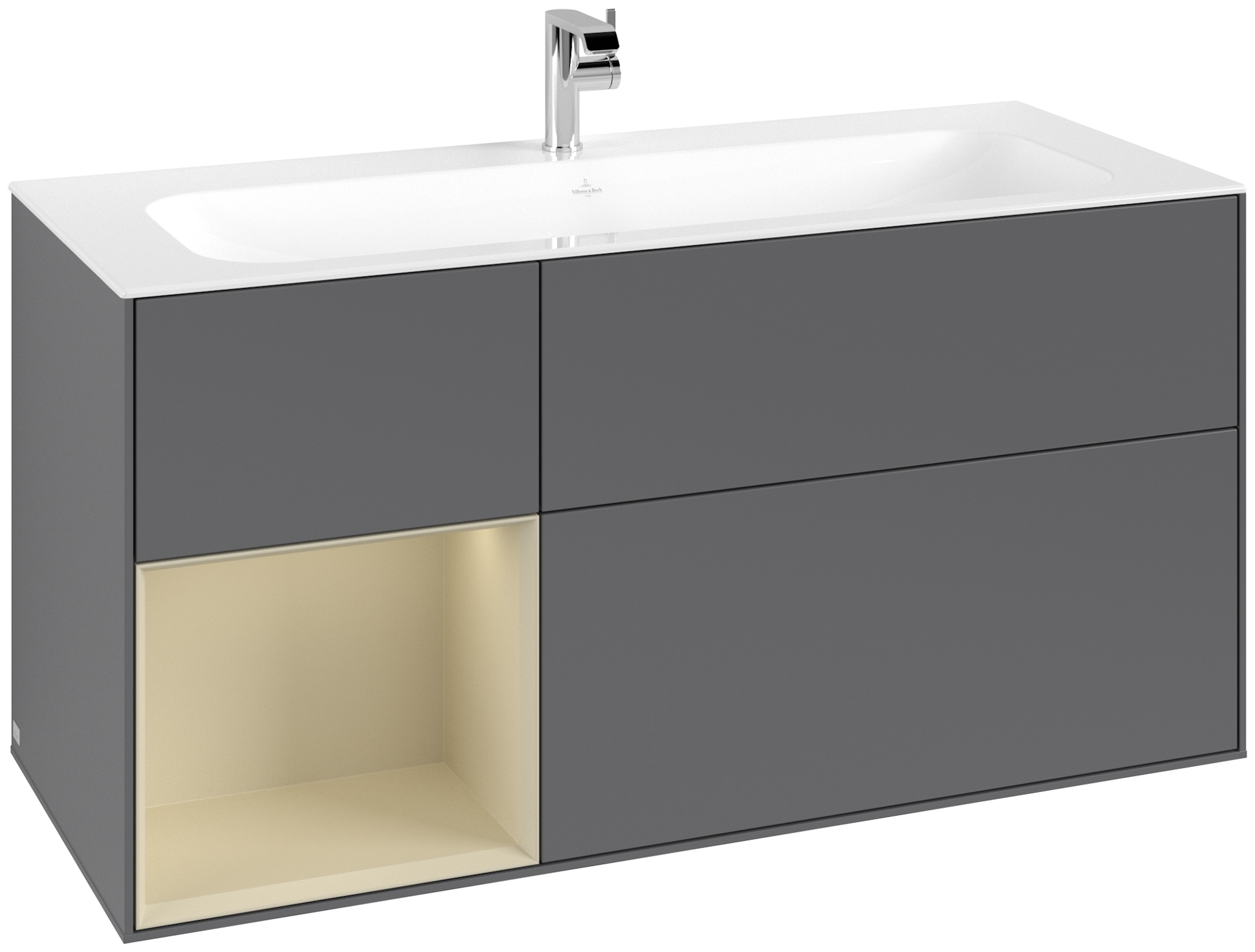 Villeroy & Boch Finion Meuble sous plan, avec éclairage, 3 tiroirs sur rails, 1196x591x498mm, Caisson: Anthracite Matt Lacquer, Façade: Anthracite Matt Lacquer, Élément d’étagère: Silk Grey Matt Lacquer