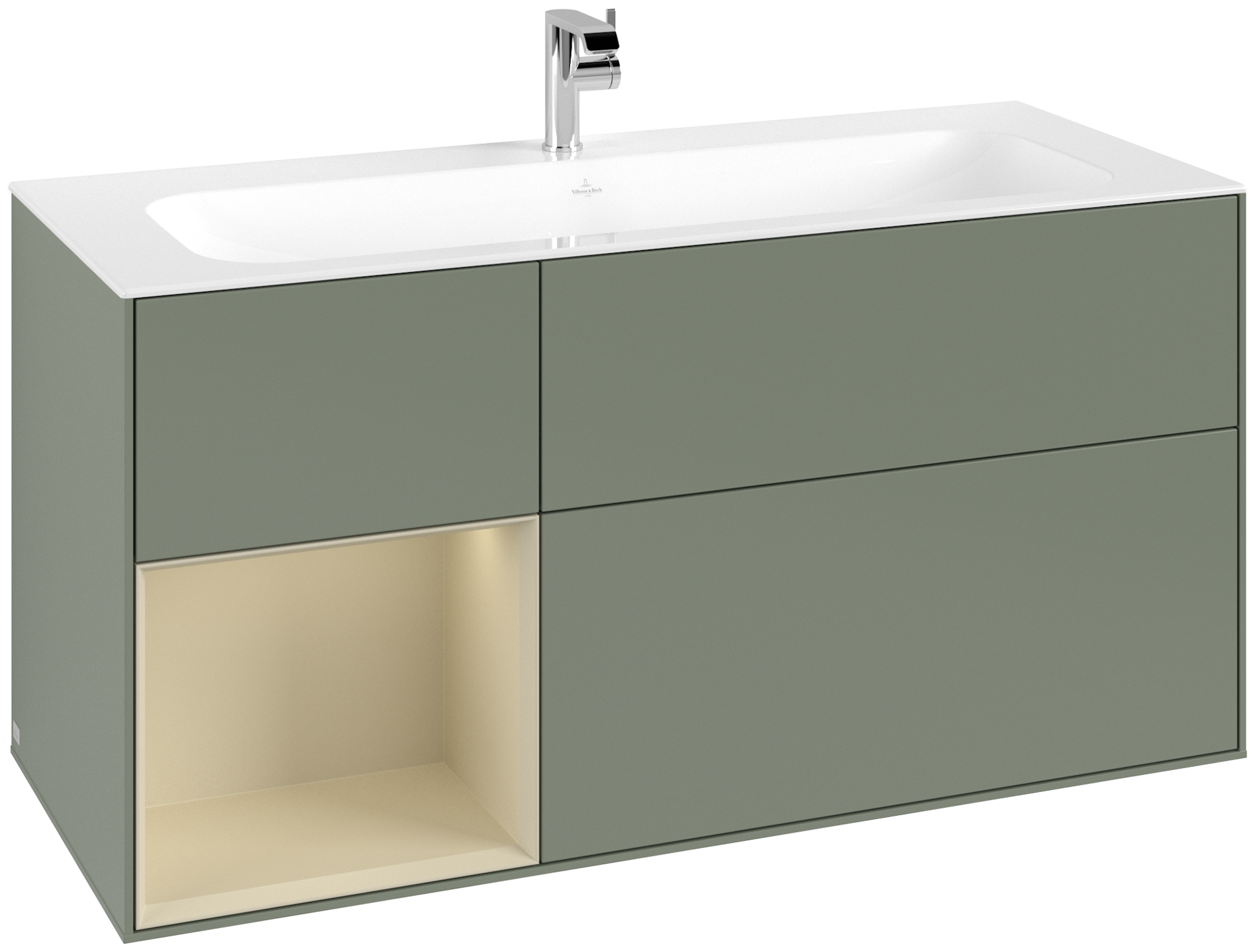 Villeroy & Boch Finion Meuble sous plan, avec éclairage, 3 tiroirs sur rails, 1196x591x498mm, Caisson: Olive Matt Lacquer, Façade: Olive Matt Lacquer, Élément d’étagère: Silk Grey Matt Lacquer