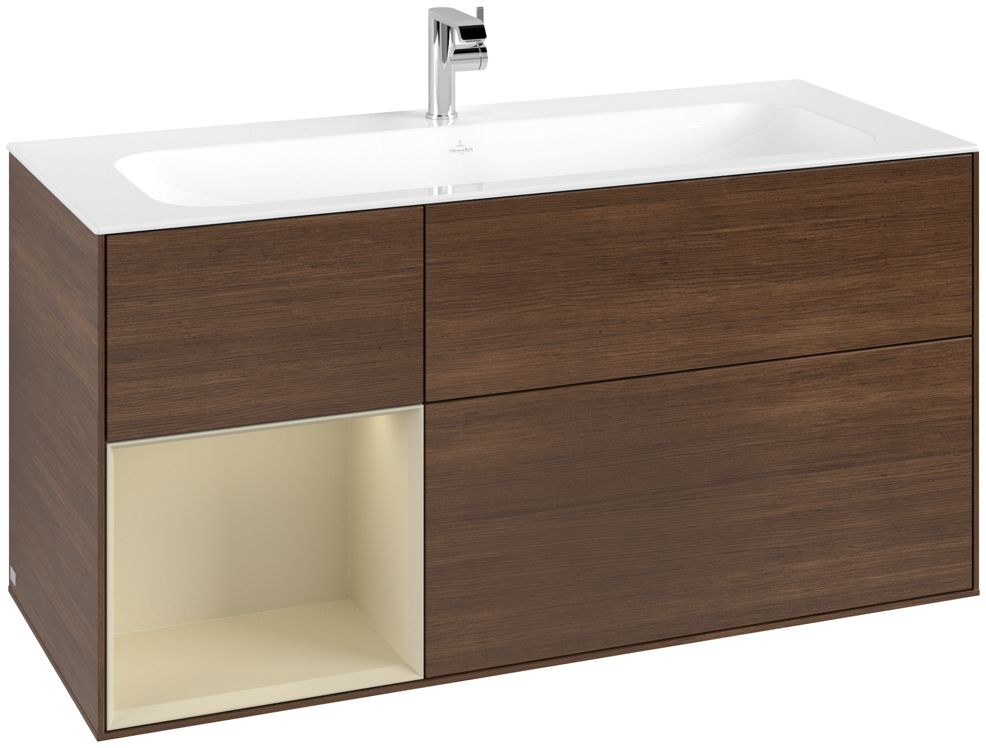 Villeroy & Boch Finion Meuble sous plan, avec éclairage, 3 tiroirs sur rails, 1196x591x498mm, Caisson: Walnut Veneer, Façade: Walnut Veneer, Élément d’étagère: Silk Grey Matt Lacquer