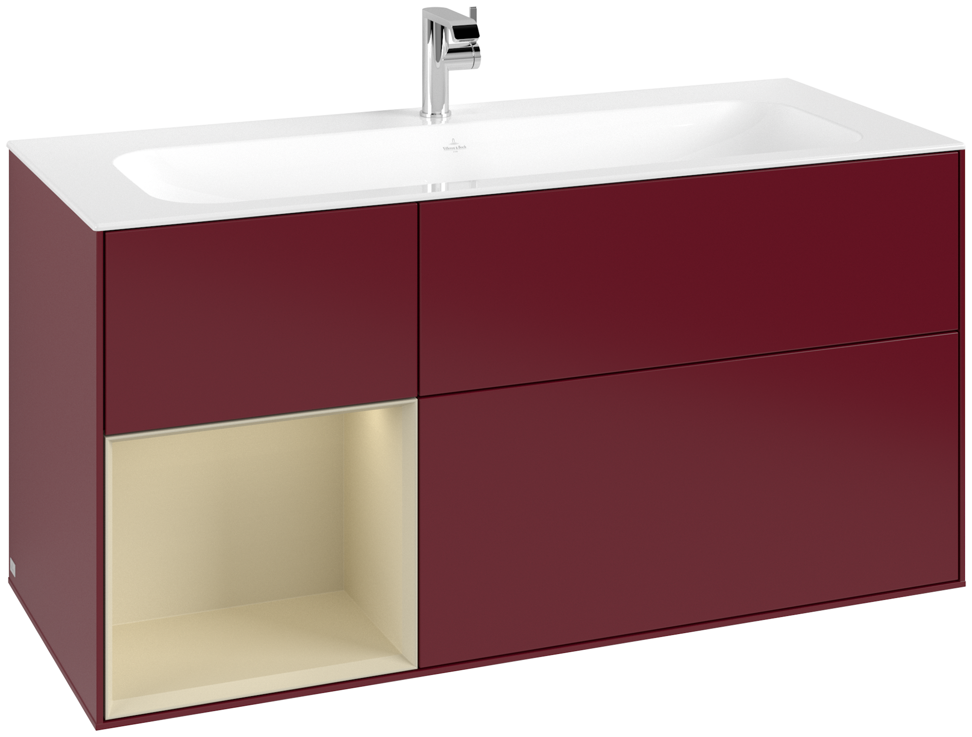 Villeroy & Boch Finion Meuble sous plan, avec éclairage, 3 tiroirs sur rails, 1196x591x498mm, Caisson: Peony Matt Lacquer, Façade: Peony Matt Lacquer, Élément d’étagère: Silk Grey Matt Lacquer
