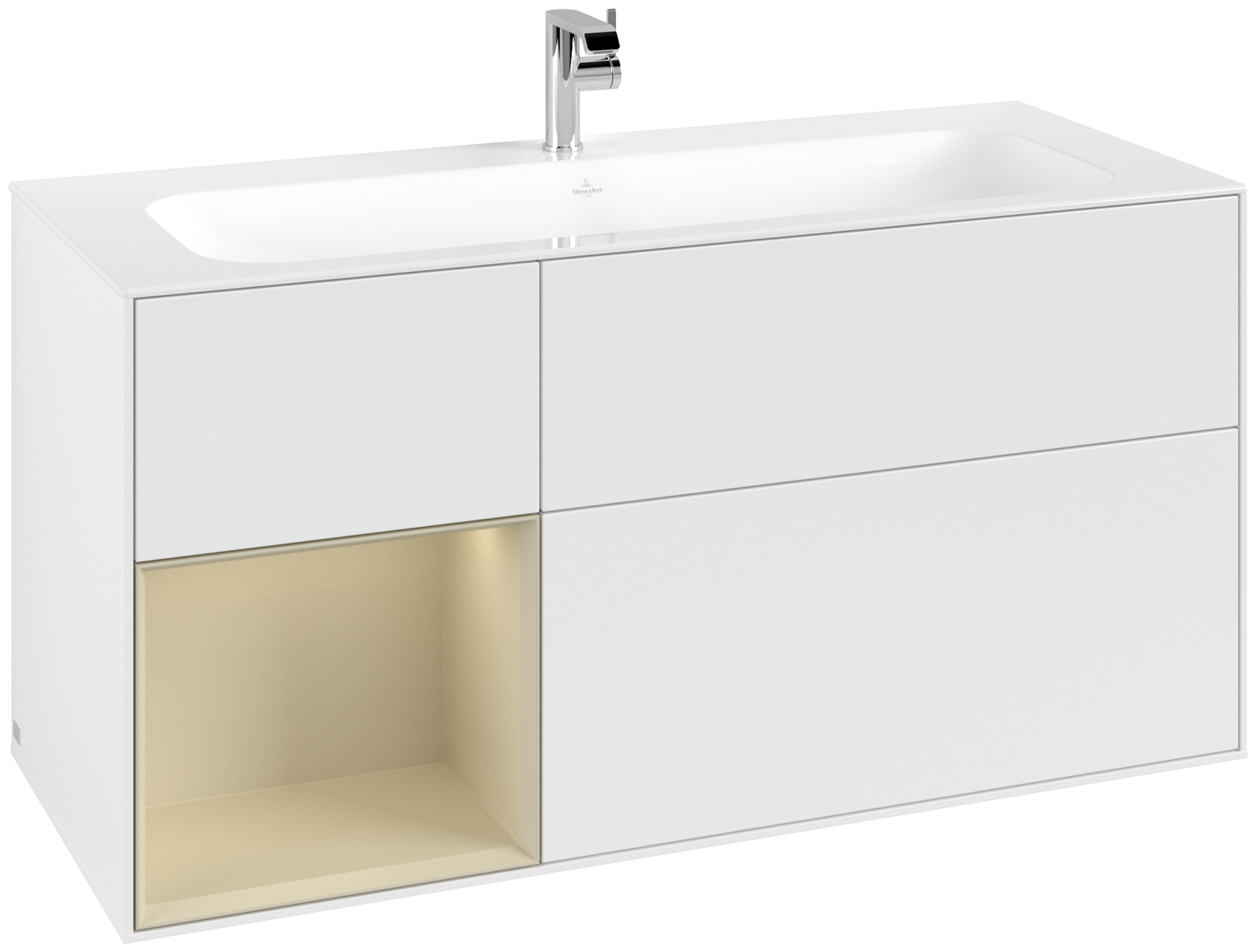 Villeroy & Boch Finion Meuble sous plan, avec éclairage, 3 tiroirs sur rails, 1196x591x498mm, Caisson: White Matt Lacquer, Façade: White Matt Lacquer, Élément d’étagère: Silk Grey Matt Lacquer