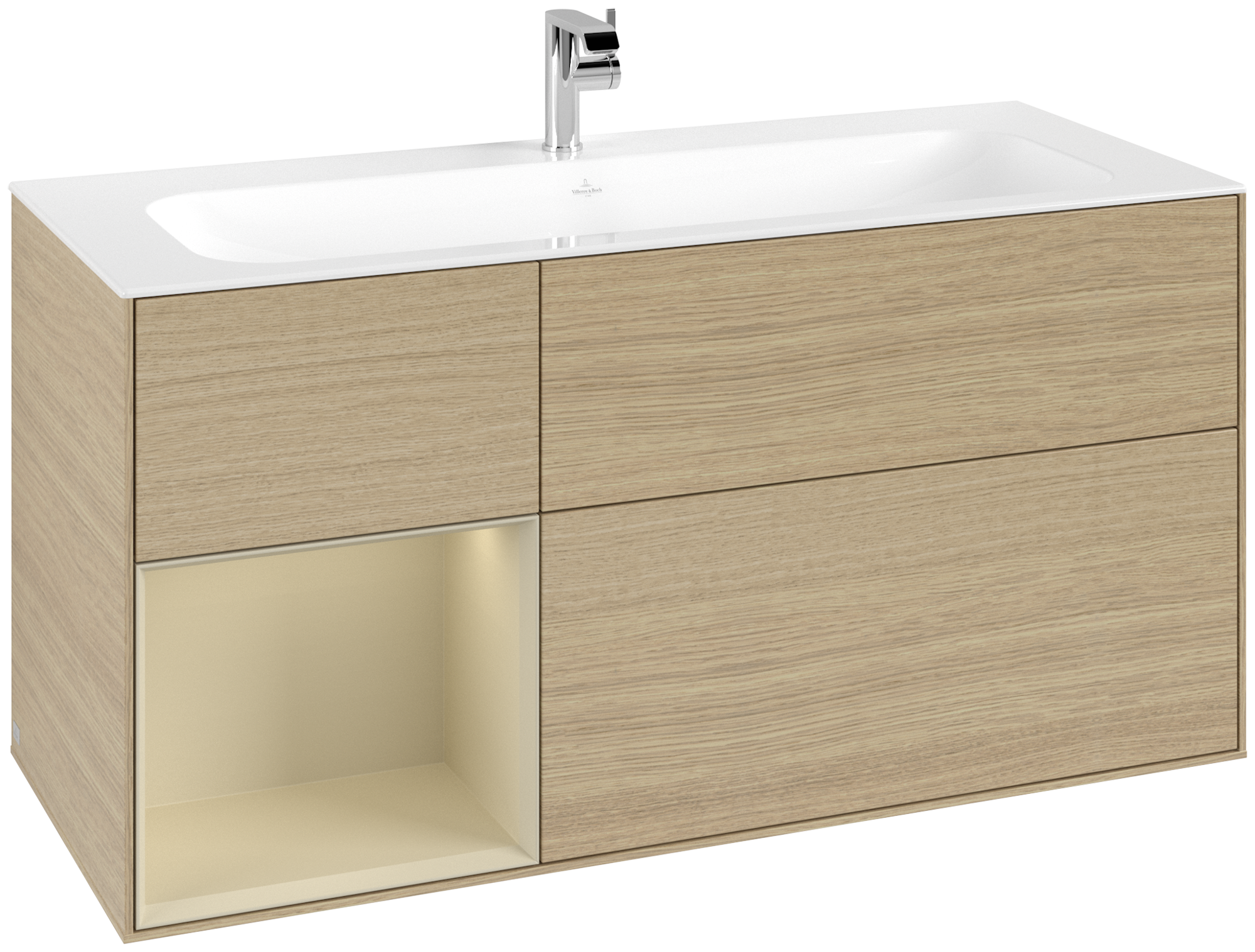 Villeroy & Boch Finion Meuble sous plan, avec éclairage, 3 tiroirs sur rails, 1196x591x498mm, Caisson: Oak Veneer, Façade: Oak Veneer, Élément d’étagère: Silk Grey Matt Lacquer