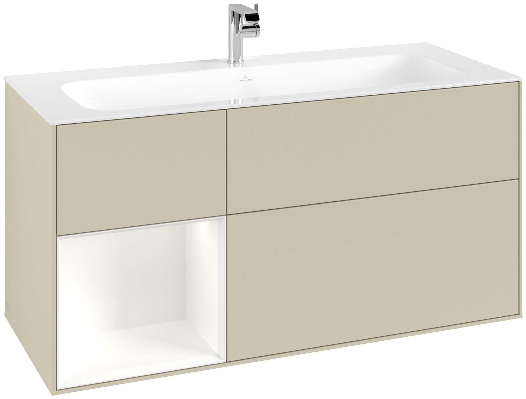 Villeroy & Boch Finion Meuble sous plan, avec éclairage, 3 tiroirs sur rails, 1196x591x498mm, Caisson: Silk Grey Matt Lacquer, Façade: Silk Grey Matt Lacquer, Élément d’étagère: White Matt Lacquer