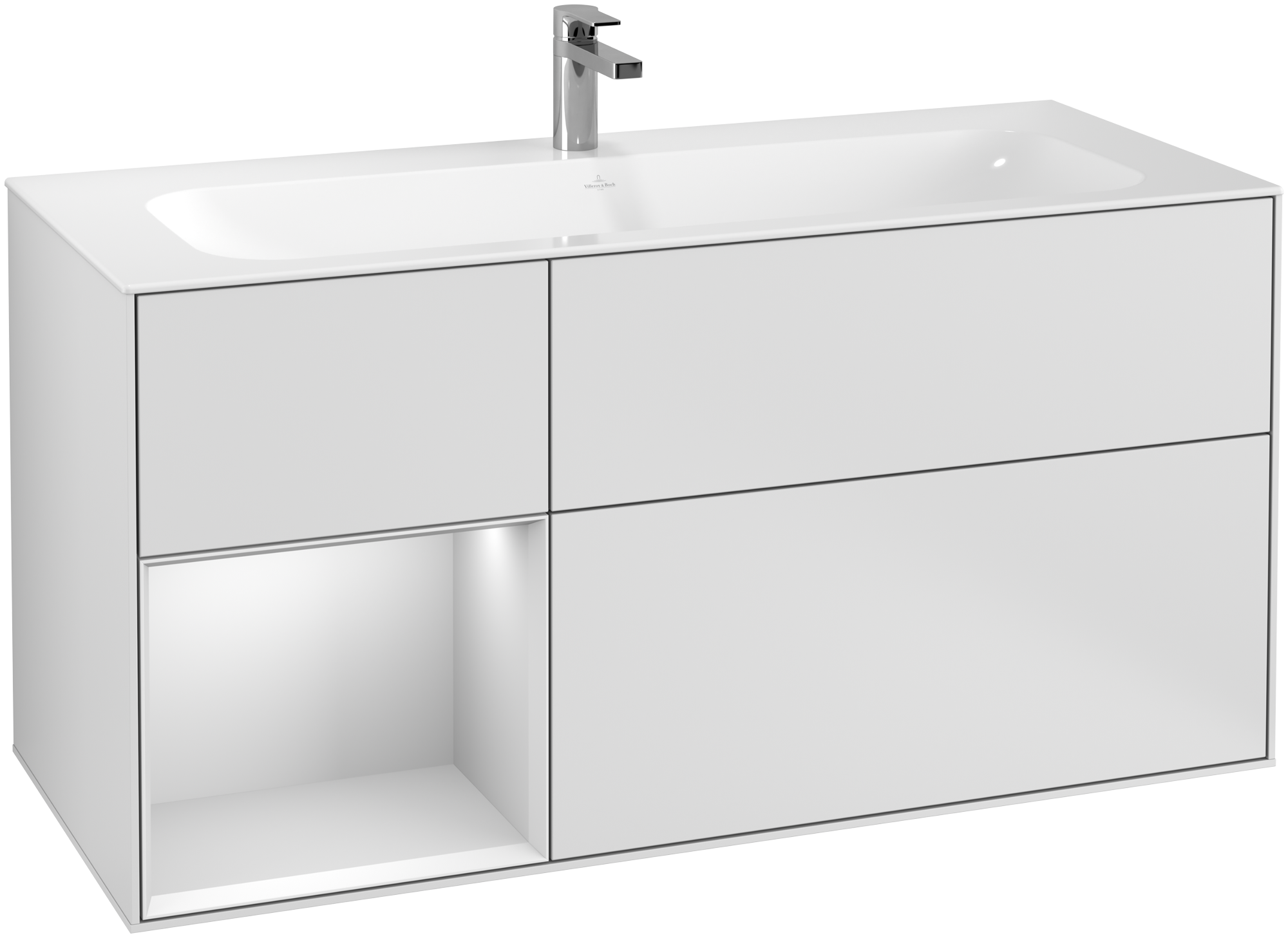 Villeroy & Boch Finion Vanity unit, with lighting, 3 pull-out compartments, 1196x591x498mm, Body: White Matt Lacquer, Front: White Matt Lacquer, Shelf: White Matt Lacquer