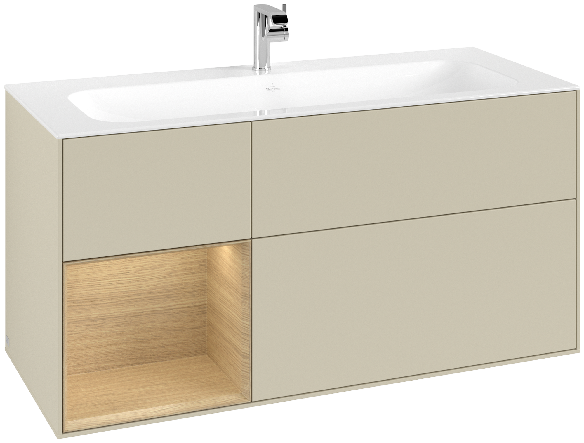 Villeroy & Boch Finion Meuble sous plan, avec éclairage, 3 tiroirs sur rails, 1196x591x498mm, Caisson: Silk Grey Matt Lacquer, Façade: Silk Grey Matt Lacquer, Élément d’étagère: Oak Veneer