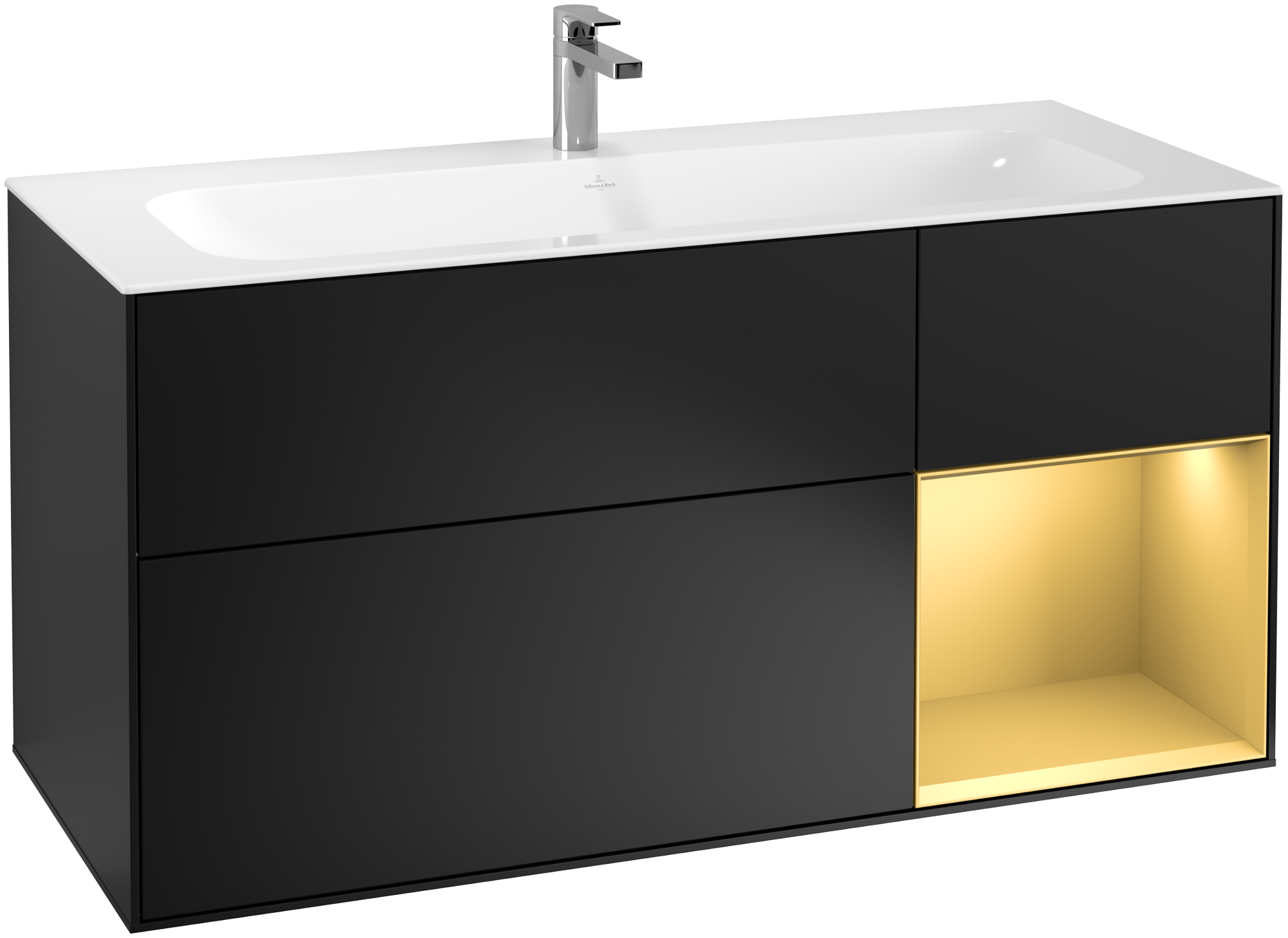 Villeroy & Boch Finion Meuble sous plan, avec éclairage, 3 tiroirs sur rails, 1196x591x498mm, Caisson: Black Matt Lacquer, Façade: Black Matt Lacquer, Élément d’étagère: Gold Matt Lacquer