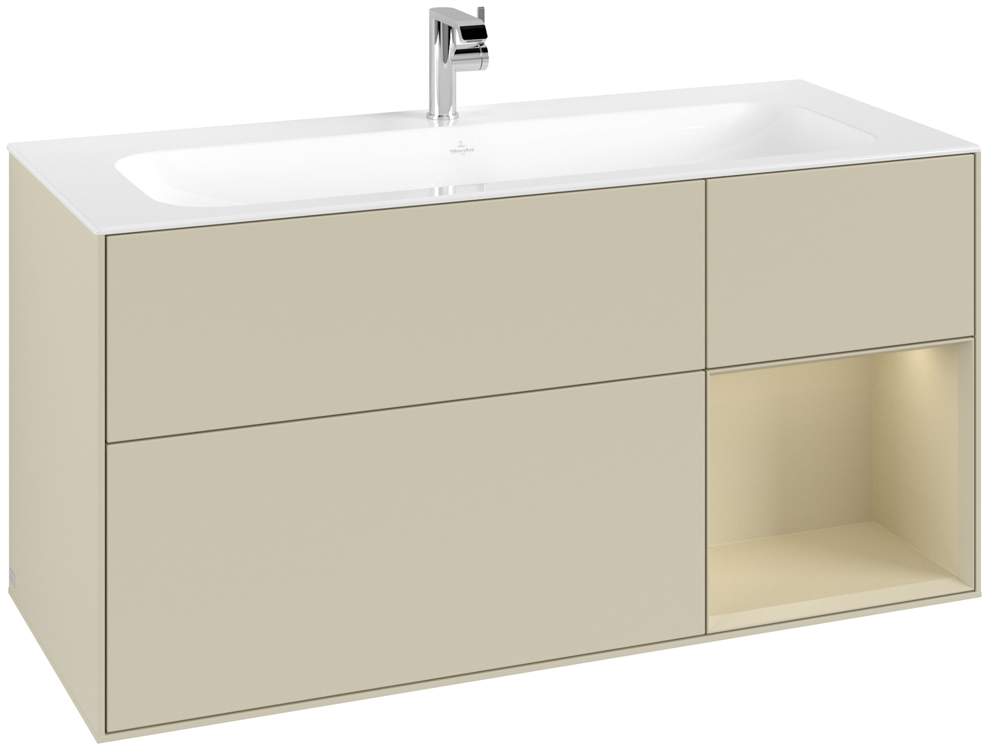 Villeroy & Boch Finion Waschbeckenunterschrank, mit Beleuchtung, 3 Auszüge, 1196x591x498mm, Korpus: Silk Grey Matt Lacquer, Front: Silk Grey Matt Lacquer, Regalelement: Silk Grey Matt Lacquer