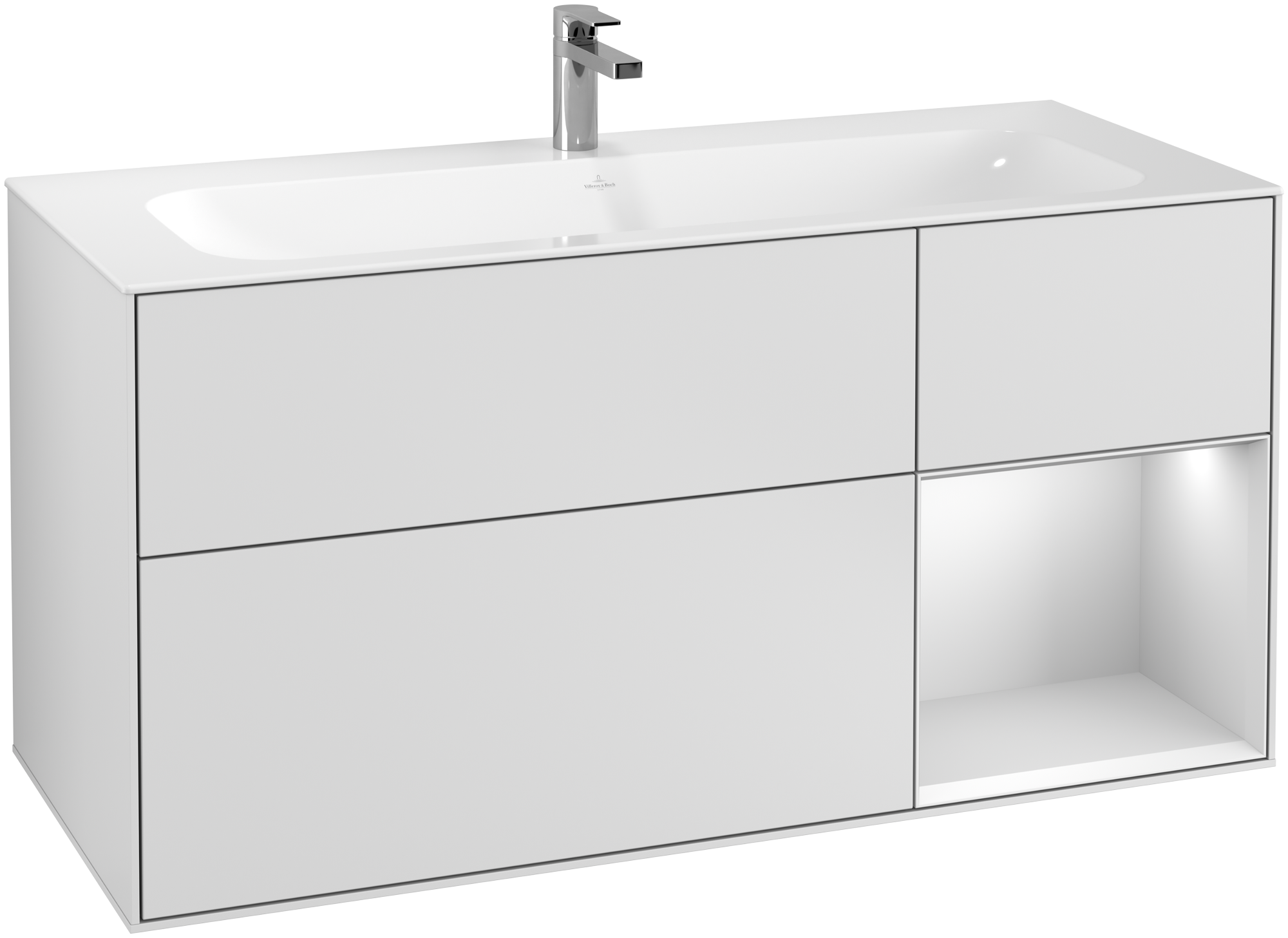 Villeroy & Boch Finion Skåp till tvättställ, med belysning, 3 utdragbara fack, 1196x591x498mm, Kropp: White Matt Lacquer, Framsida: White Matt Lacquer, Hylla: White Matt Lacquer
