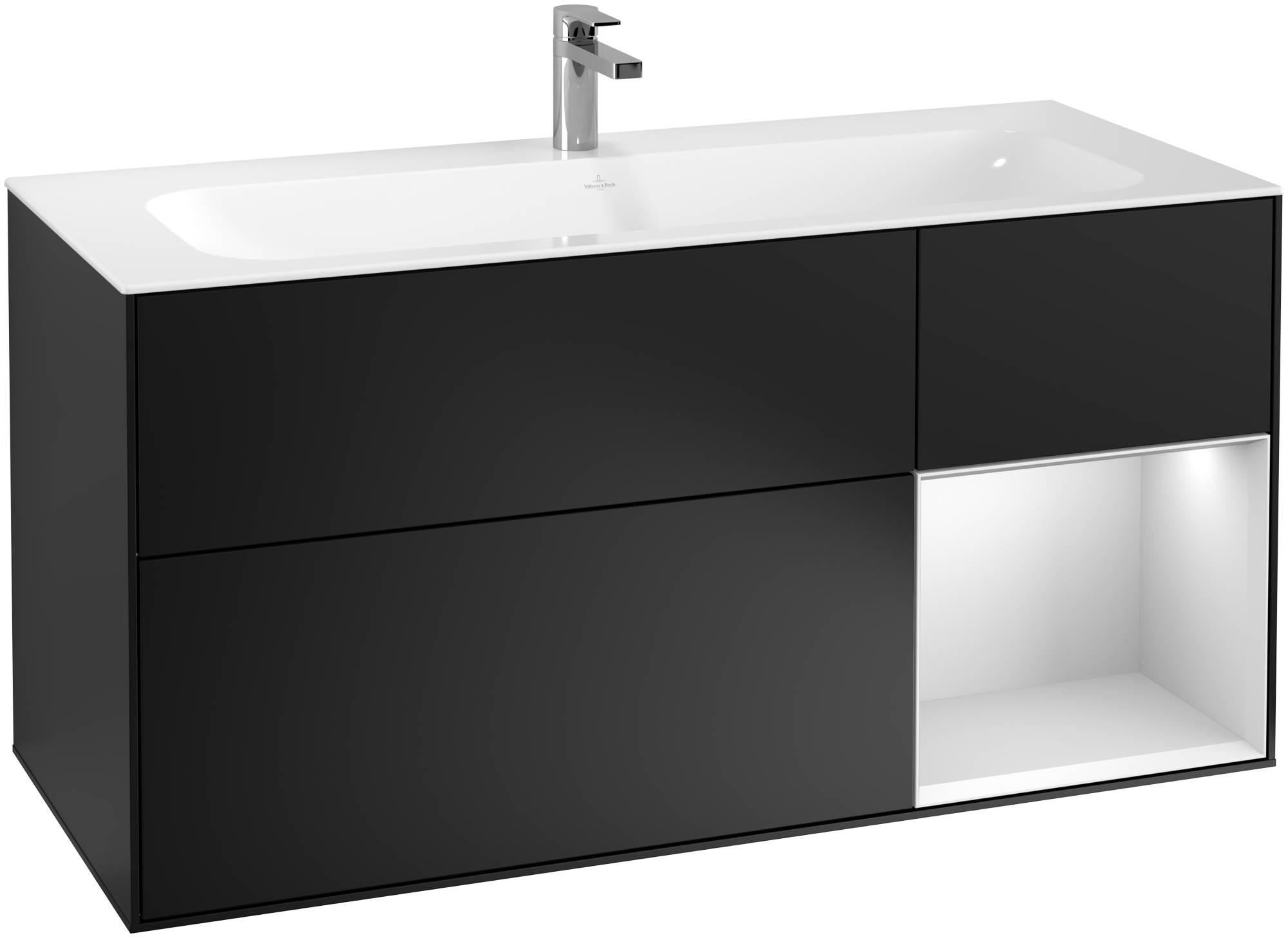Villeroy & Boch Finion Meuble sous plan, avec éclairage, 3 tiroirs sur rails, 1196x591x498mm, Caisson: Black Matt Lacquer, Façade: Black Matt Lacquer, Élément d’étagère: White Matt Lacquer