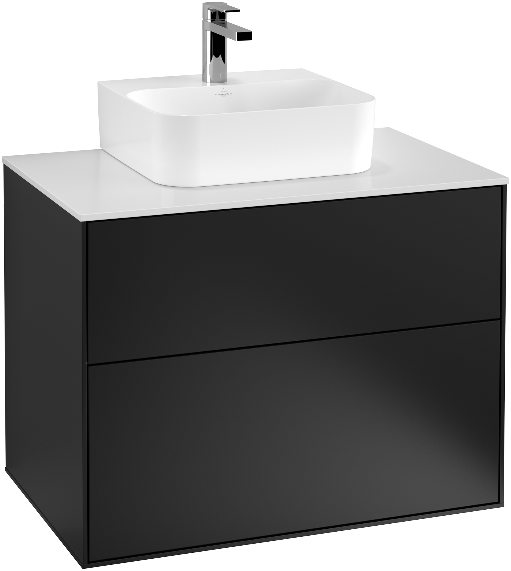 Villeroy & Boch Finion Waschbeckenunterschrank, mit Beleuchtung, 2 Auszüge, 800x603x501mm, Korpus: Black Matt Lacquer, Front: Black Matt Lacquer, Abdeckplatte: Glass White Matt