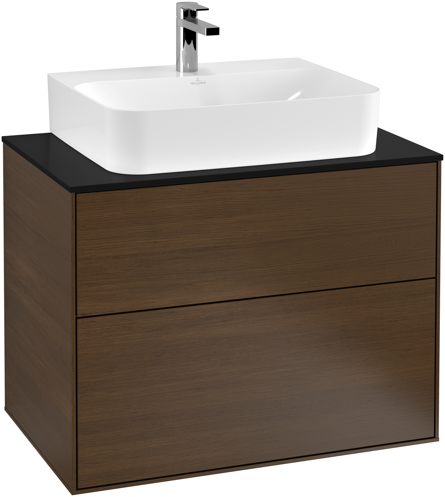 Villeroy & Boch Finion Vanity unit, with lighting, 2 pull-out compartments, 800x603x501mm, Body: Walnut Veneer, Front: Walnut Veneer, Cover plate: Glass Black Matt