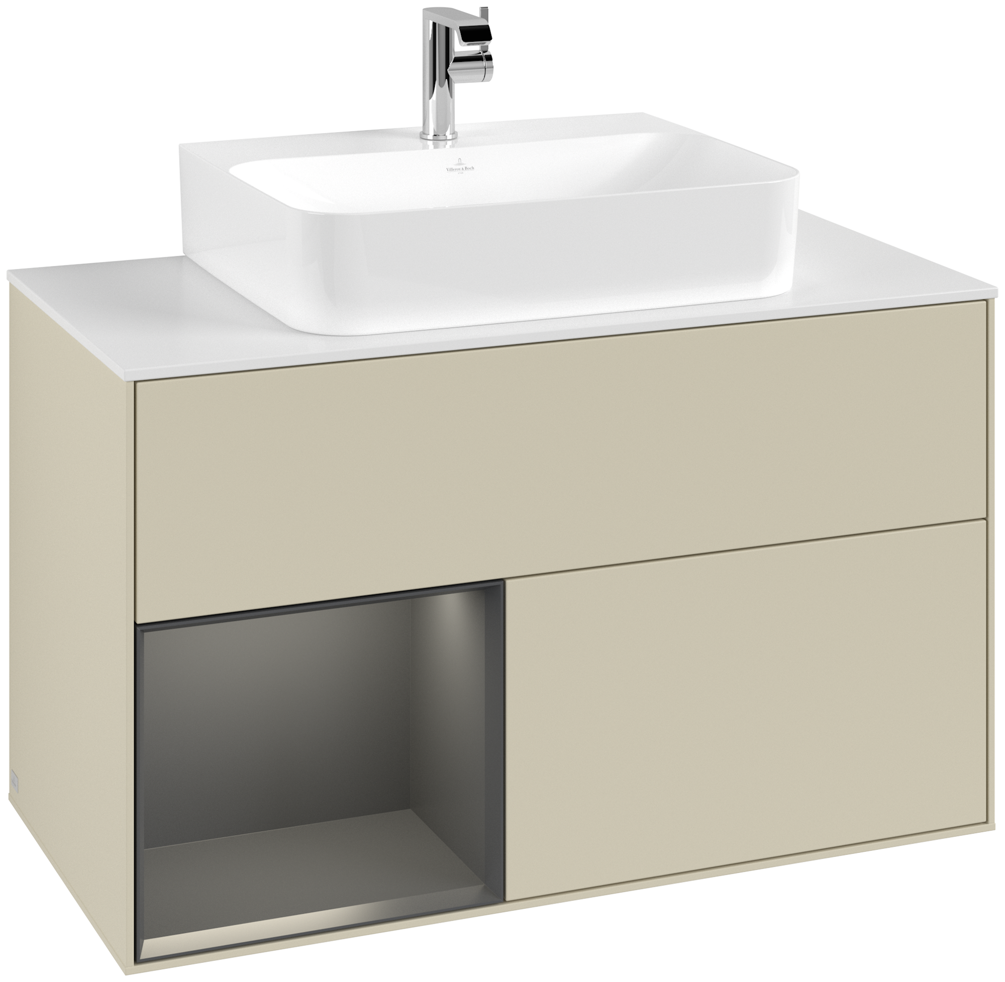Villeroy & Boch Finion Vanity unit, with lighting, 2 pull-out compartments, 1000x603x501mm, Body: Silk Grey Matt Lacquer, Front: Silk Grey Matt Lacquer, Shelf: Peony Matt Lacquer, Cover plate: Glass White Matt