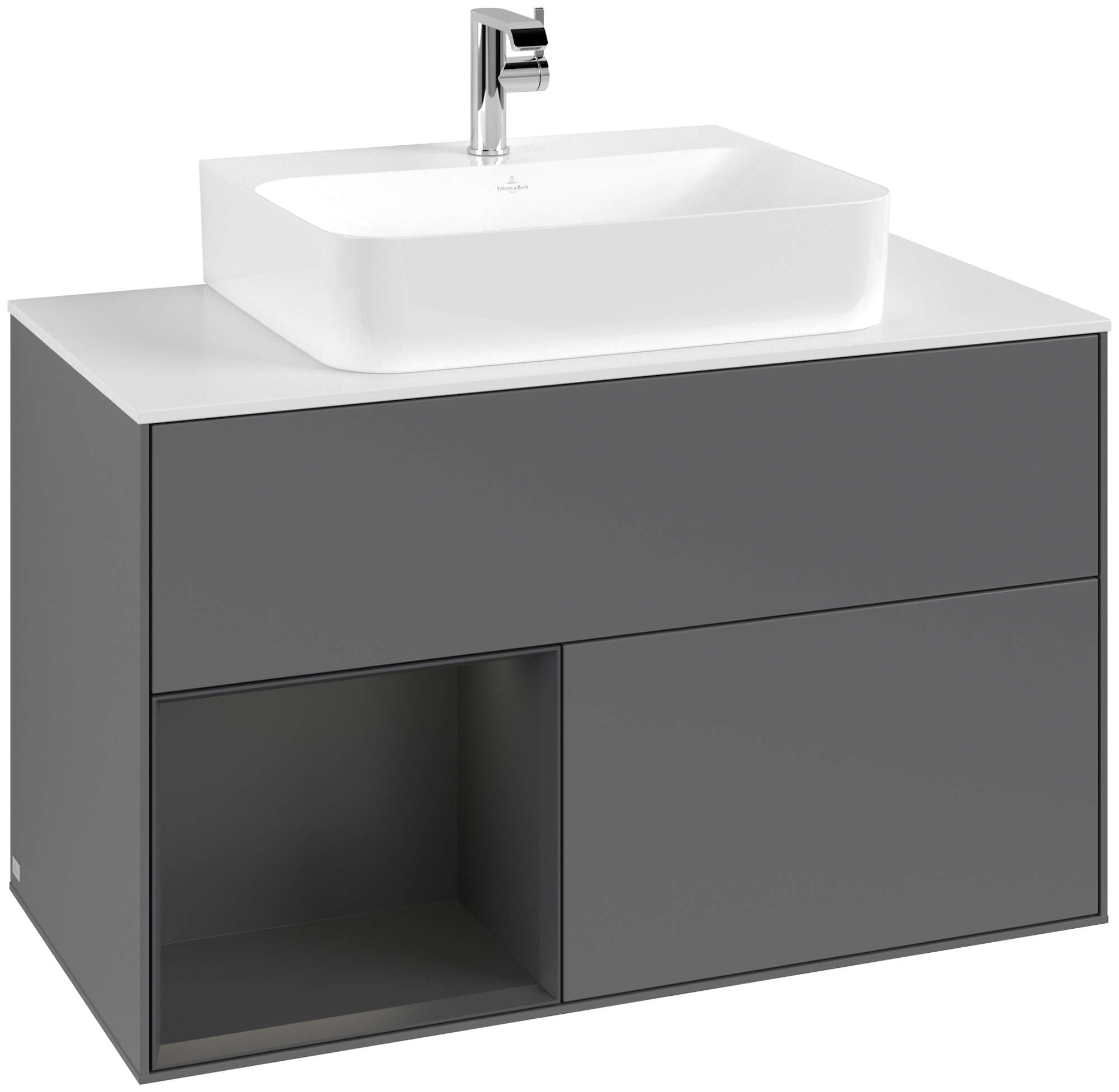 Villeroy & Boch Finion Vanity unit, with lighting, 2 pull-out compartments, 1000x603x501mm, Body: Anthracite Matt Lacquer, Front: Anthracite Matt Lacquer, Shelf: Silk Grey Matt Lacquer, Cover plate: Glass White Matt