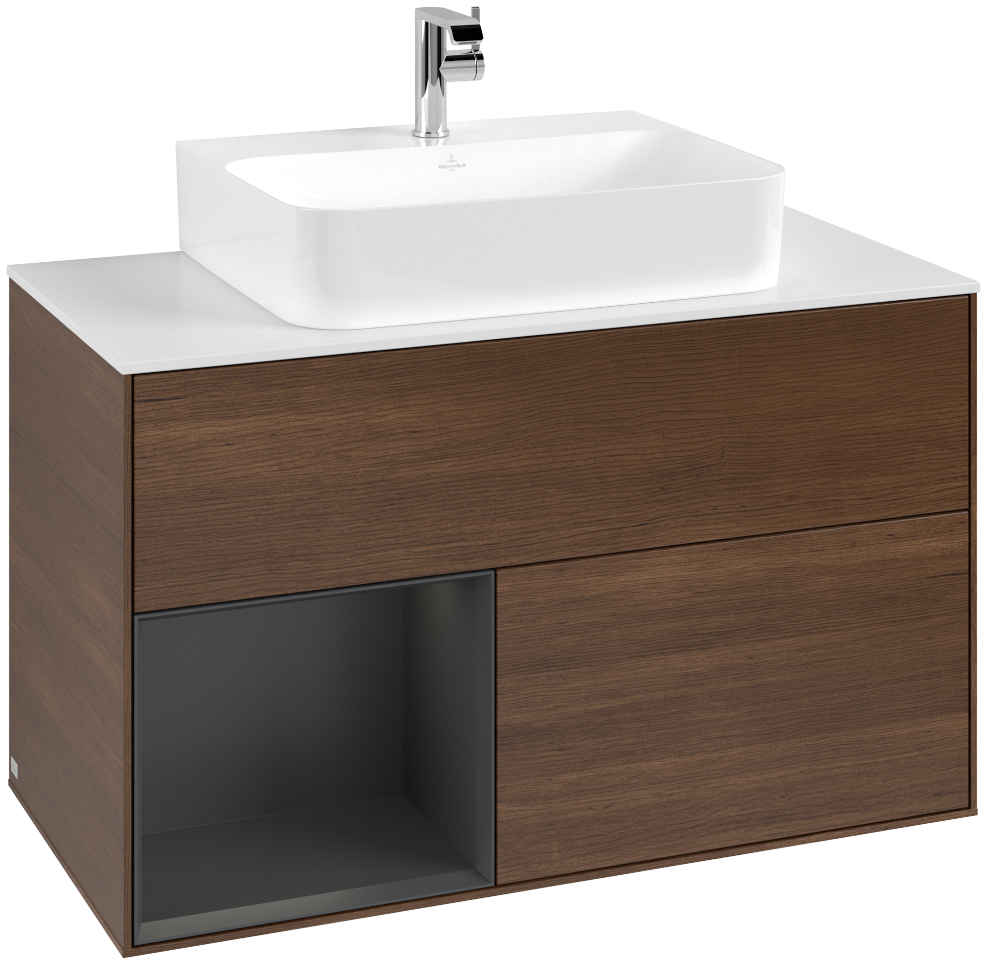 Villeroy & Boch Finion Vanity unit, with lighting, 2 pull-out compartments, 1000x603x501mm, Body: Walnut Veneer, Front: Walnut Veneer, Shelf: Silk Grey Matt Lacquer, Cover plate: Glass White Matt