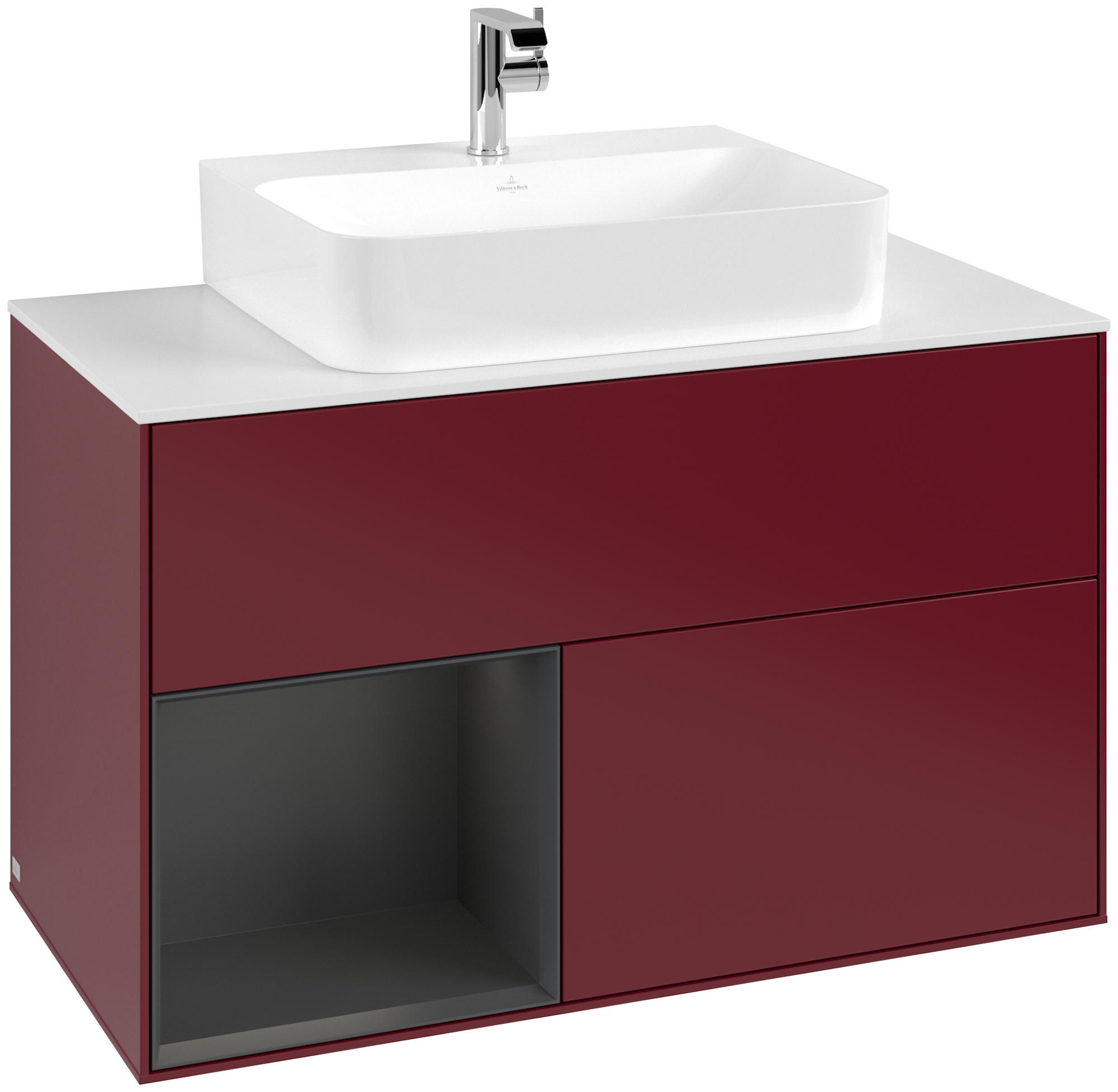 Villeroy & Boch Finion Vanity unit, with lighting, 2 pull-out compartments, 1000x603x501mm, Body: Peony Matt Lacquer, Front: Peony Matt Lacquer, Shelf: Silk Grey Matt Lacquer, Cover plate: Glass White Matt
