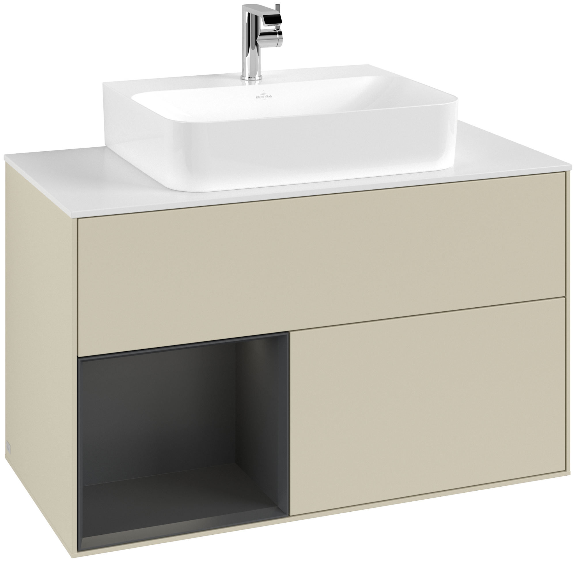 Villeroy & Boch Finion Meuble sous plan, avec éclairage, 2 tiroirs sur rails, 1000x603x501mm, Caisson: Silk Grey Matt Lacquer, Façade: Silk Grey Matt Lacquer, Élément d’étagère: Silk Grey Matt Lacquer, Plaque de recouvrement: Glass White Matt