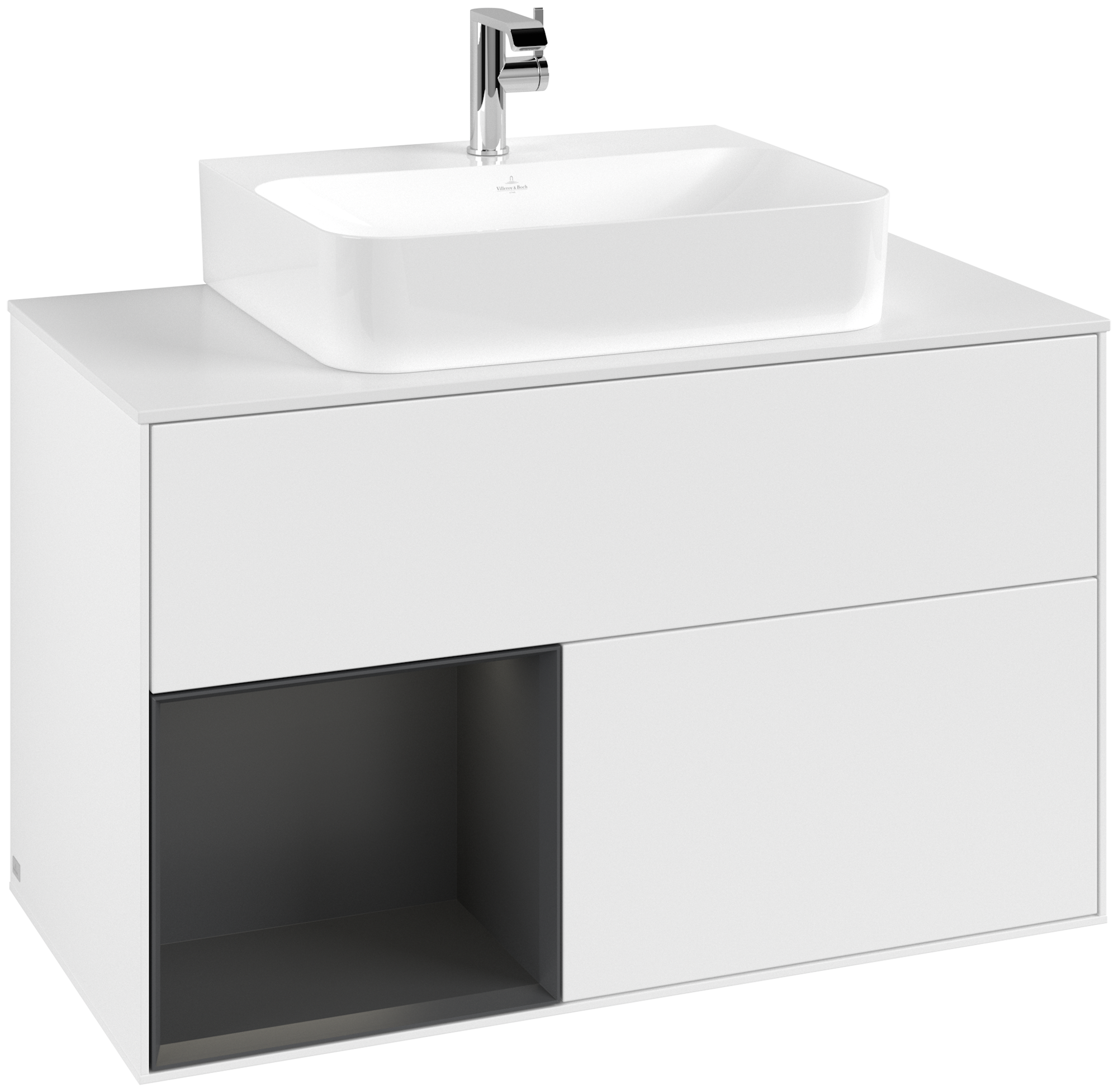 Villeroy & Boch Finion Vanity unit, with lighting, 2 pull-out compartments, 1000x603x501mm, Body: White Matt Lacquer, Front: White Matt Lacquer, Shelf: Silk Grey Matt Lacquer, Cover plate: Glass White Matt