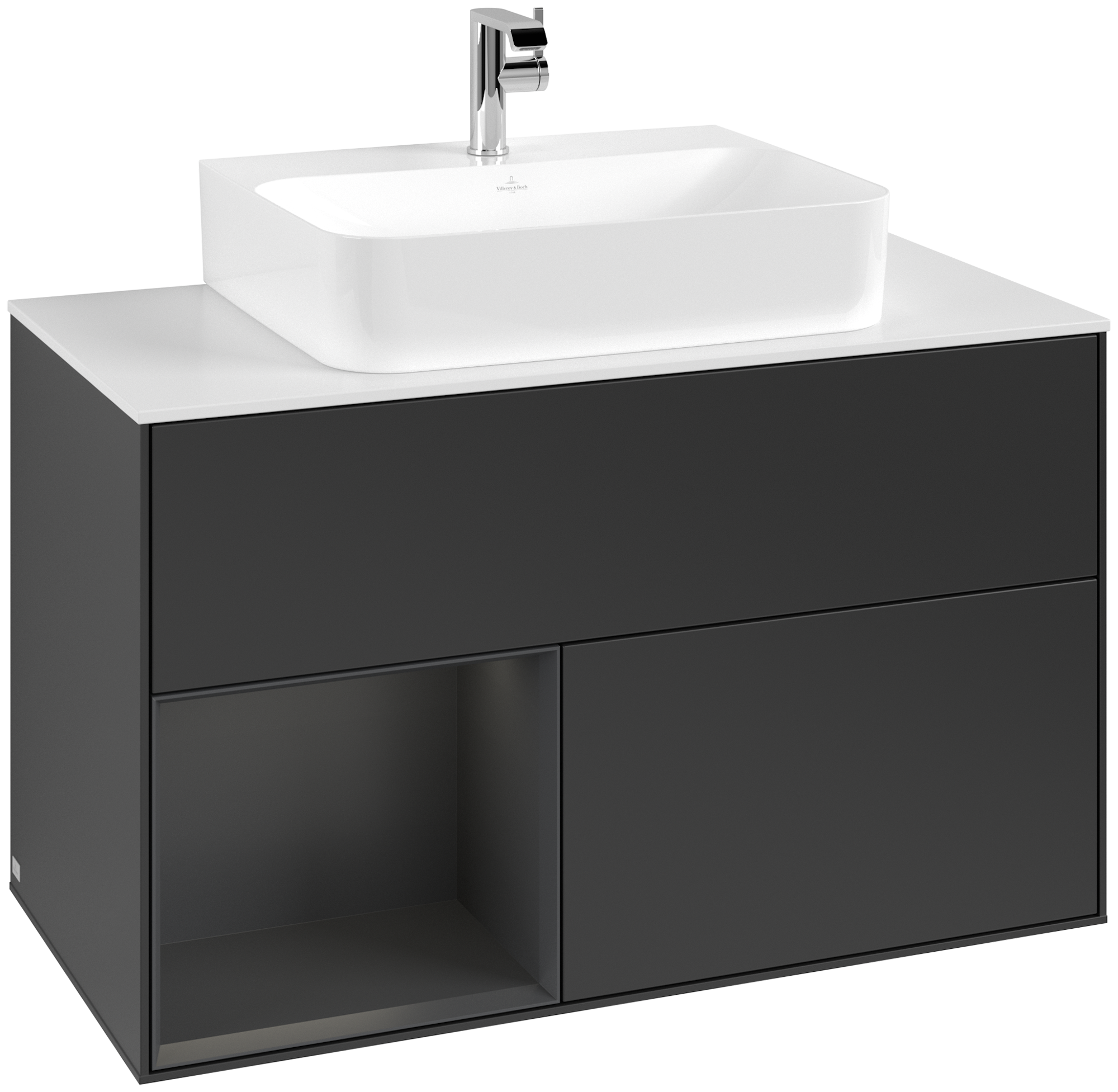 Villeroy & Boch Finion Vanity unit, with lighting, 2 pull-out compartments, 1000x603x501mm, Body: Black Matt Lacquer, Front: Black Matt Lacquer, Shelf: Silk Grey Matt Lacquer, Cover plate: Glass White Matt