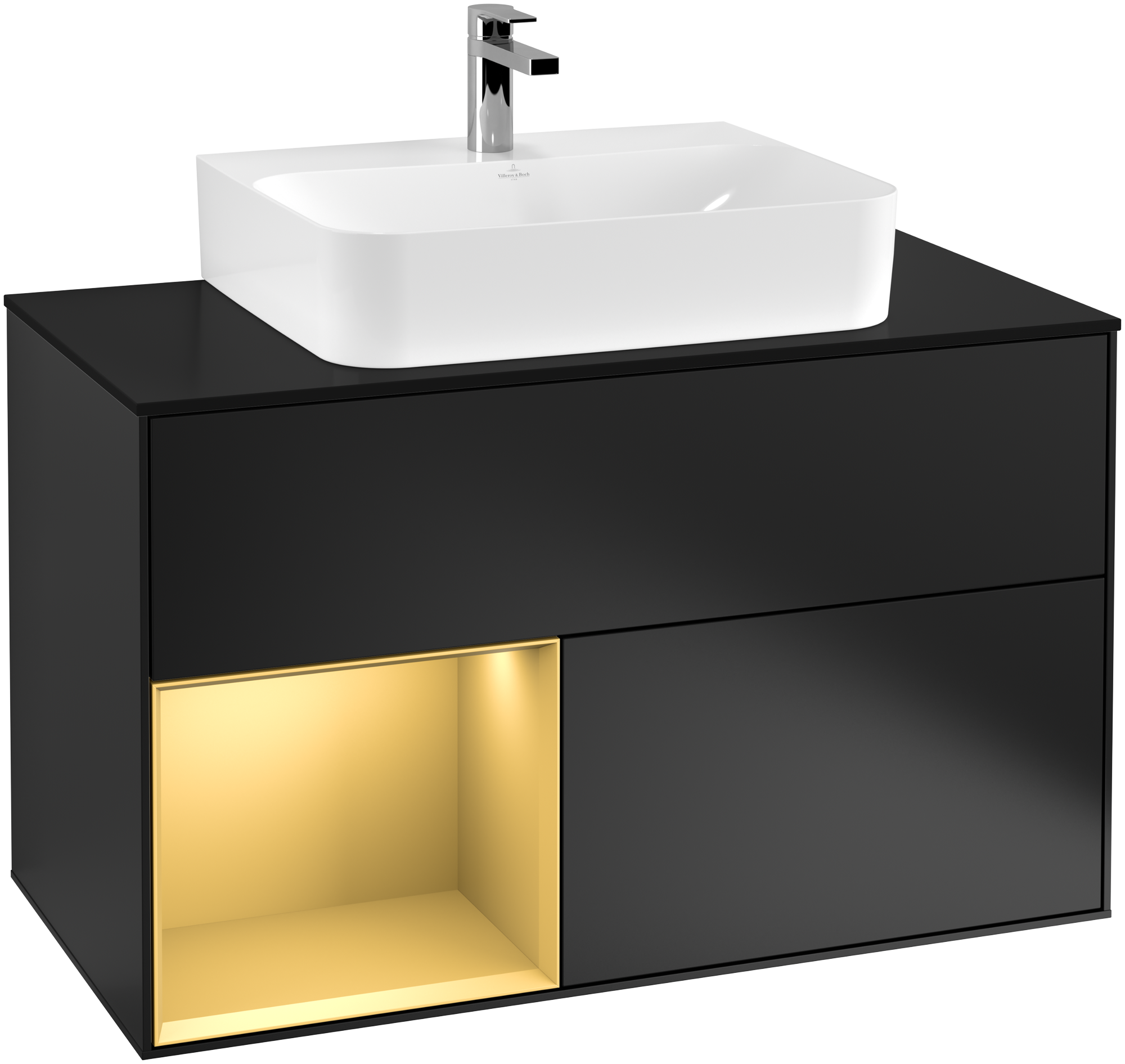 Villeroy & Boch Finion Vanity unit, with lighting, 2 pull-out compartments, 1000x603x501mm, Body: Black Matt Lacquer, Front: Black Matt Lacquer, Shelf: Gold Matt Lacquer, Cover plate: Glass Black Matt