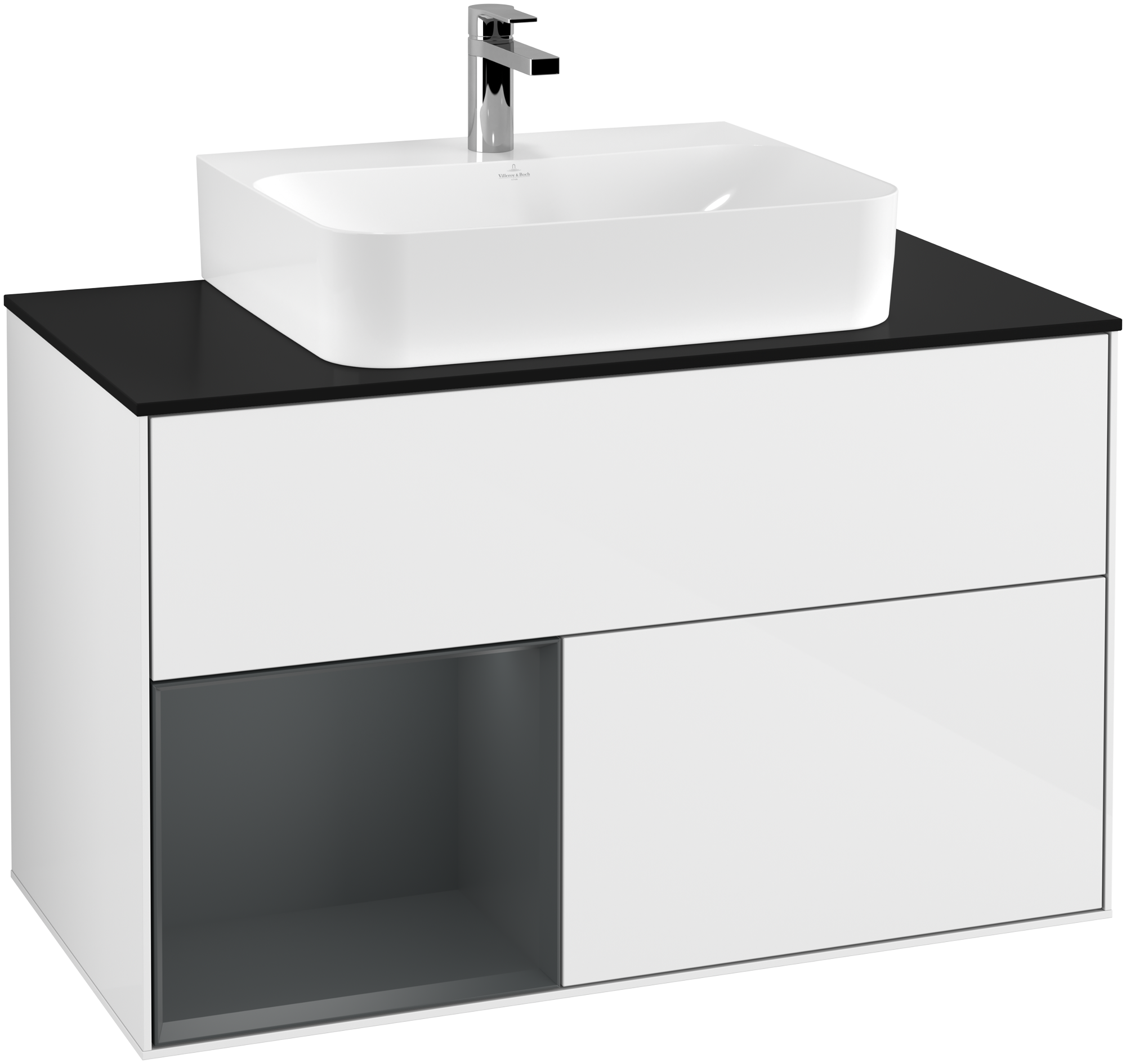 Villeroy & Boch Finion Vanity unit, with lighting, 2 pull-out compartments, 1000x603x501mm, Body: Glossy White Lacquer, Front: Glossy White Lacquer, Shelf: Midnight Blue Matt Lacquer, Cover plate: Glass Black Matt