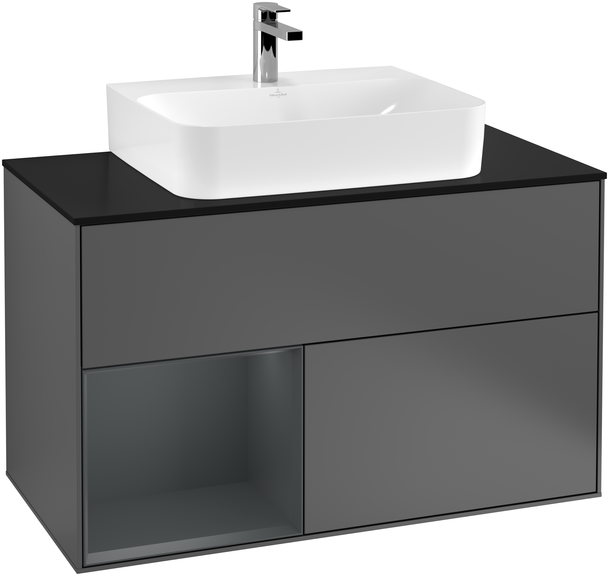 Villeroy & Boch Finion Vanity unit, with lighting, 2 pull-out compartments, 1000x603x501mm, Body: Anthracite Matt Lacquer, Front: Anthracite Matt Lacquer, Shelf: Midnight Blue Matt Lacquer, Cover plate: Glass Black Matt
