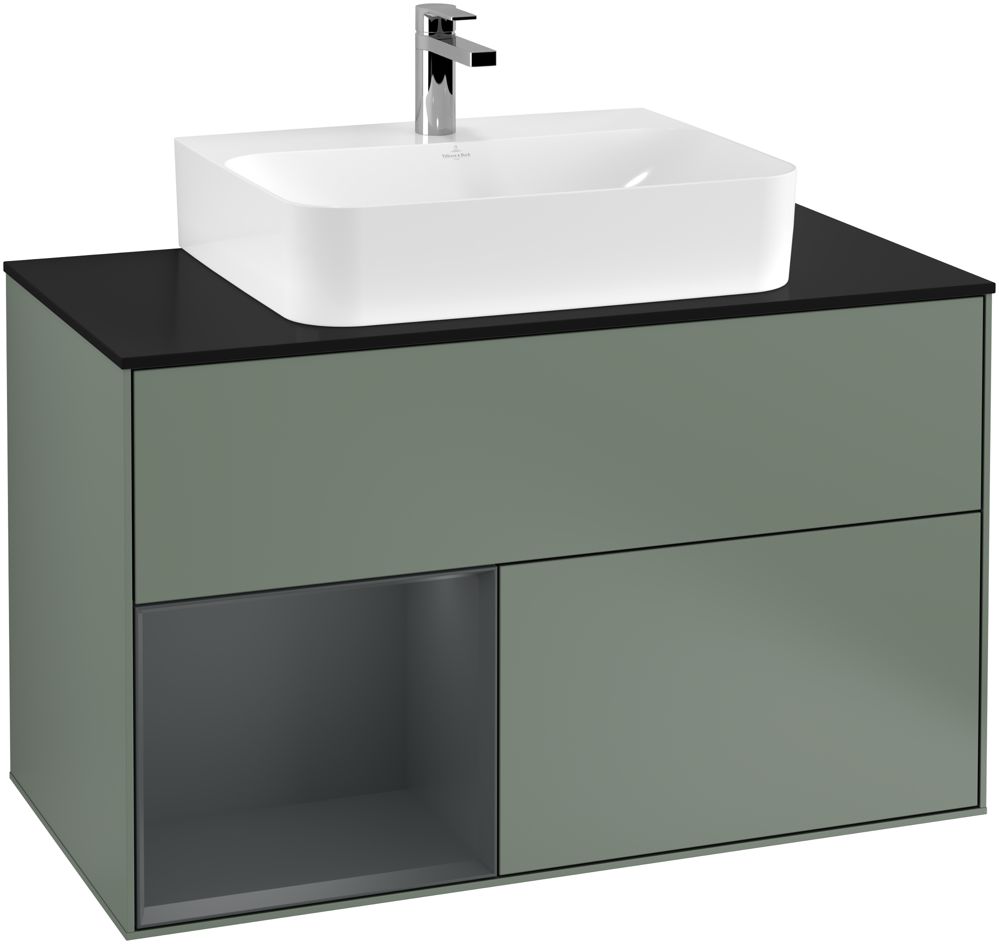 Villeroy & Boch Finion Vanity unit, with lighting, 2 pull-out compartments, 1000x603x501mm, Body: Olive Matt Lacquer, Front: Olive Matt Lacquer, Shelf: Midnight Blue Matt Lacquer, Cover plate: Glass Black Matt