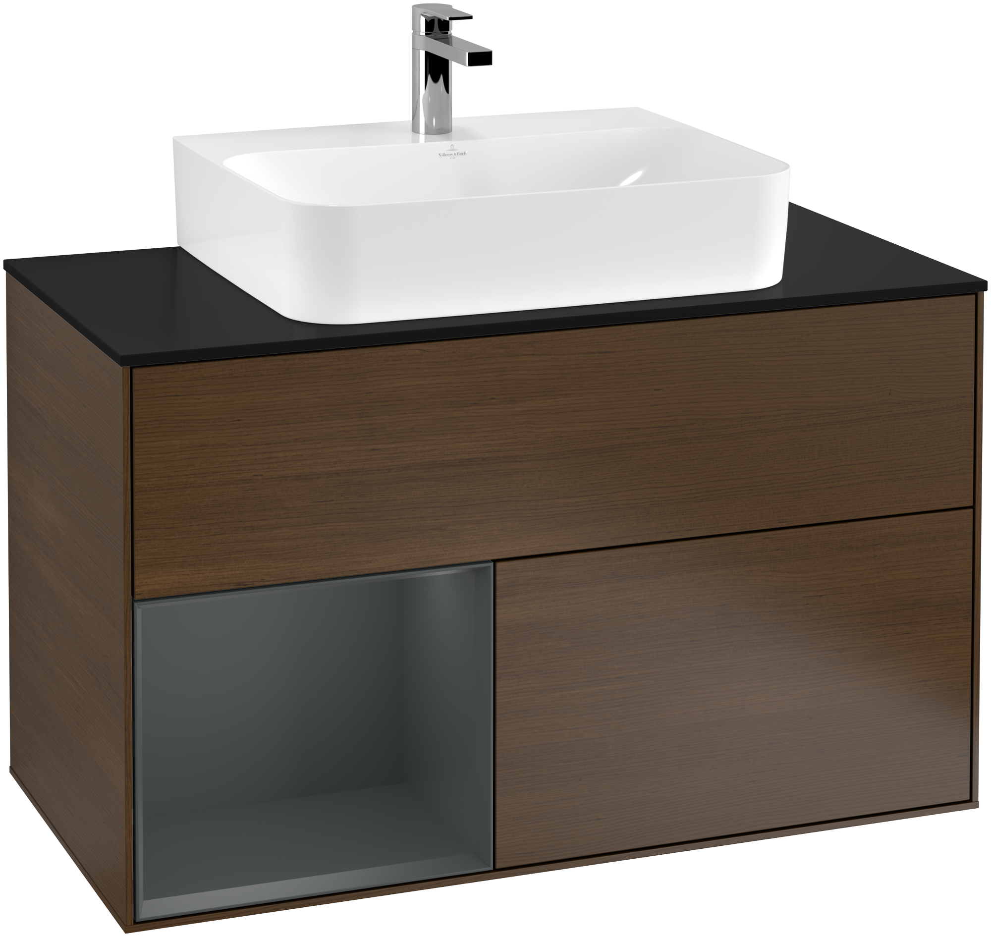 Villeroy & Boch Finion Vanity unit, with lighting, 2 pull-out compartments, 1000x603x501mm, Body: Walnut Veneer, Front: Walnut Veneer, Shelf: Midnight Blue Matt Lacquer, Cover plate: Glass Black Matt