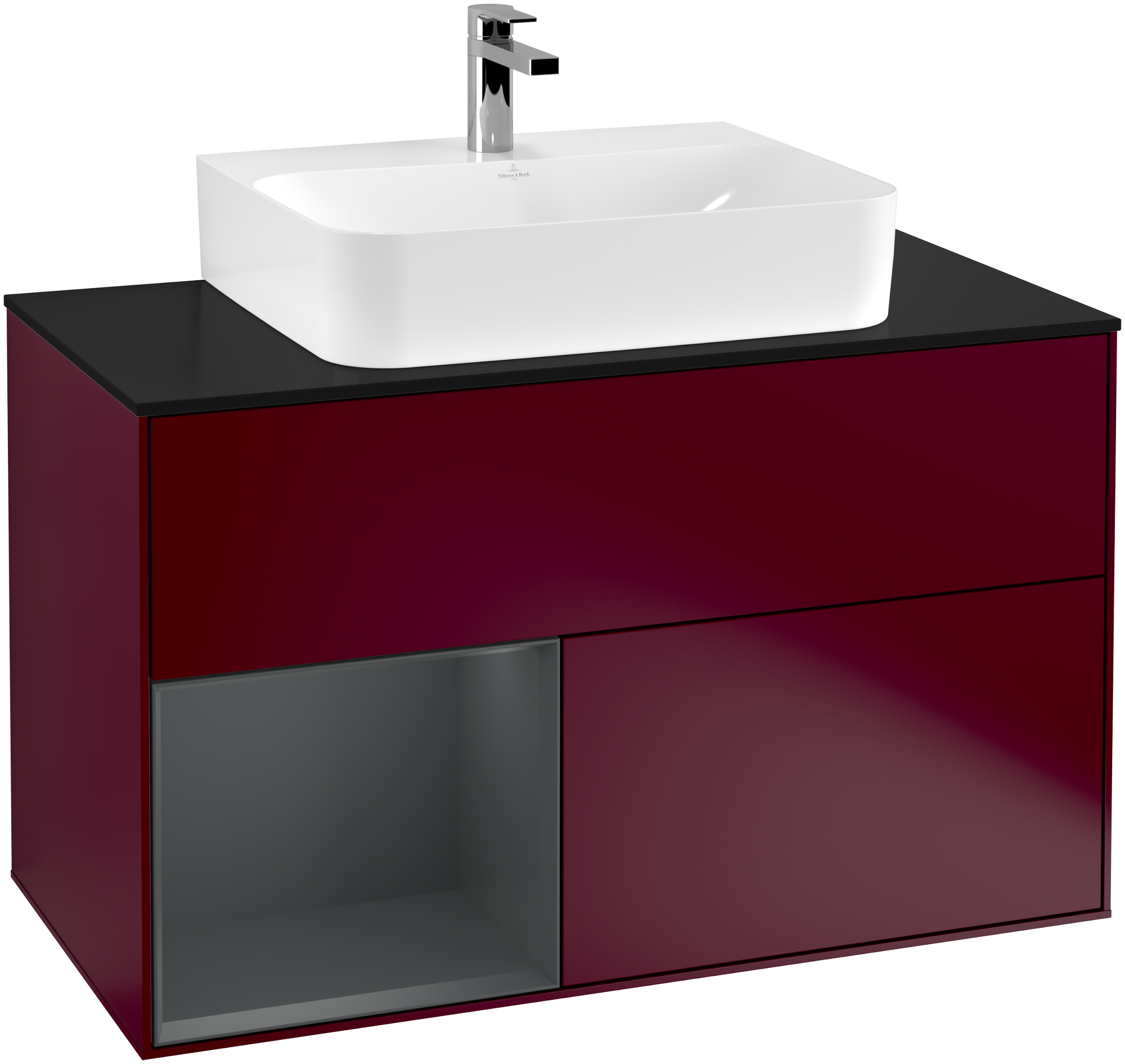 Villeroy & Boch Finion Vanity unit, with lighting, 2 pull-out compartments, 1000x603x501mm, Body: Peony Matt Lacquer, Front: Peony Matt Lacquer, Shelf: Midnight Blue Matt Lacquer, Cover plate: Glass Black Matt